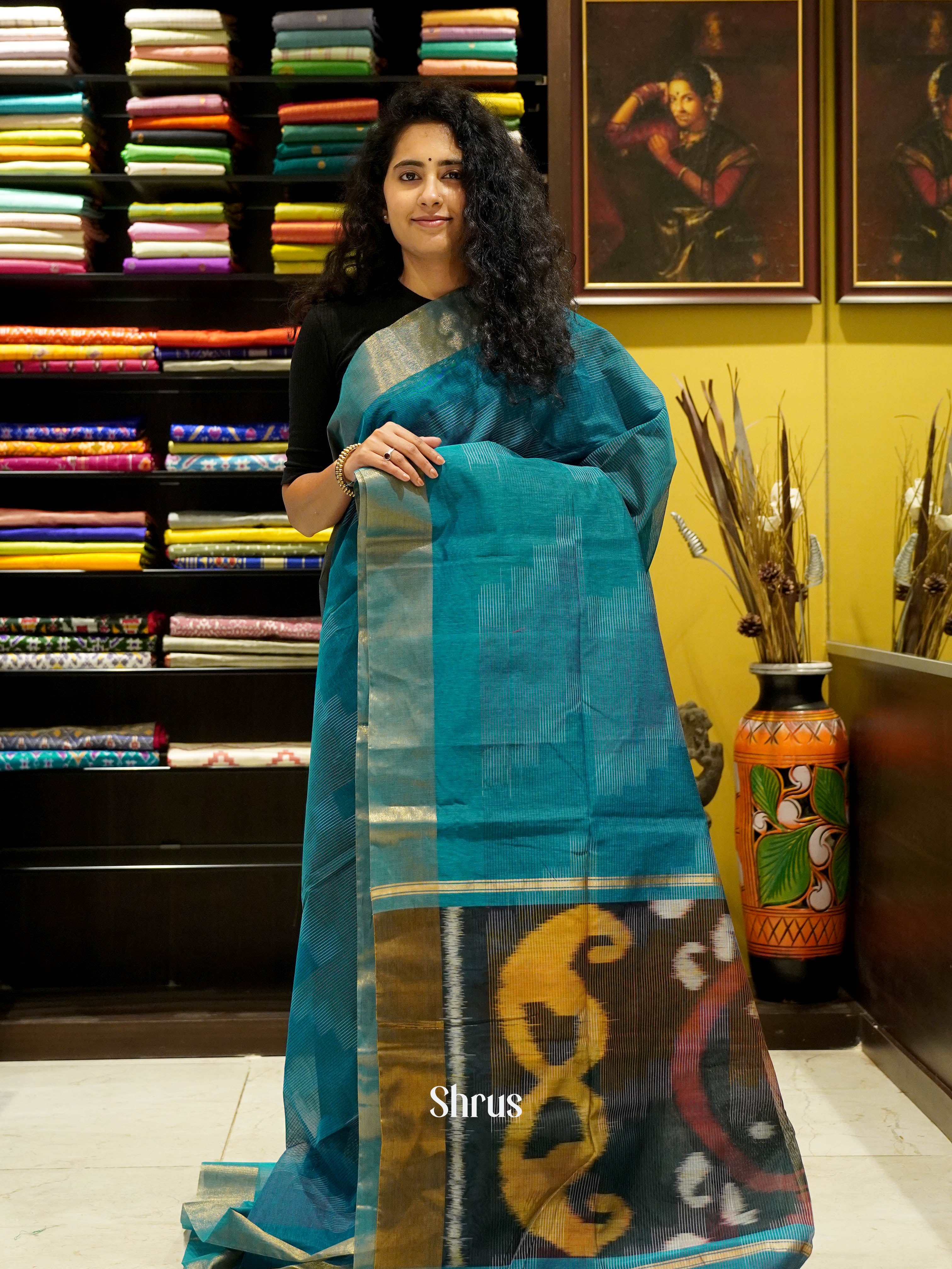 Blue Green  - Ikkat Kora Saree