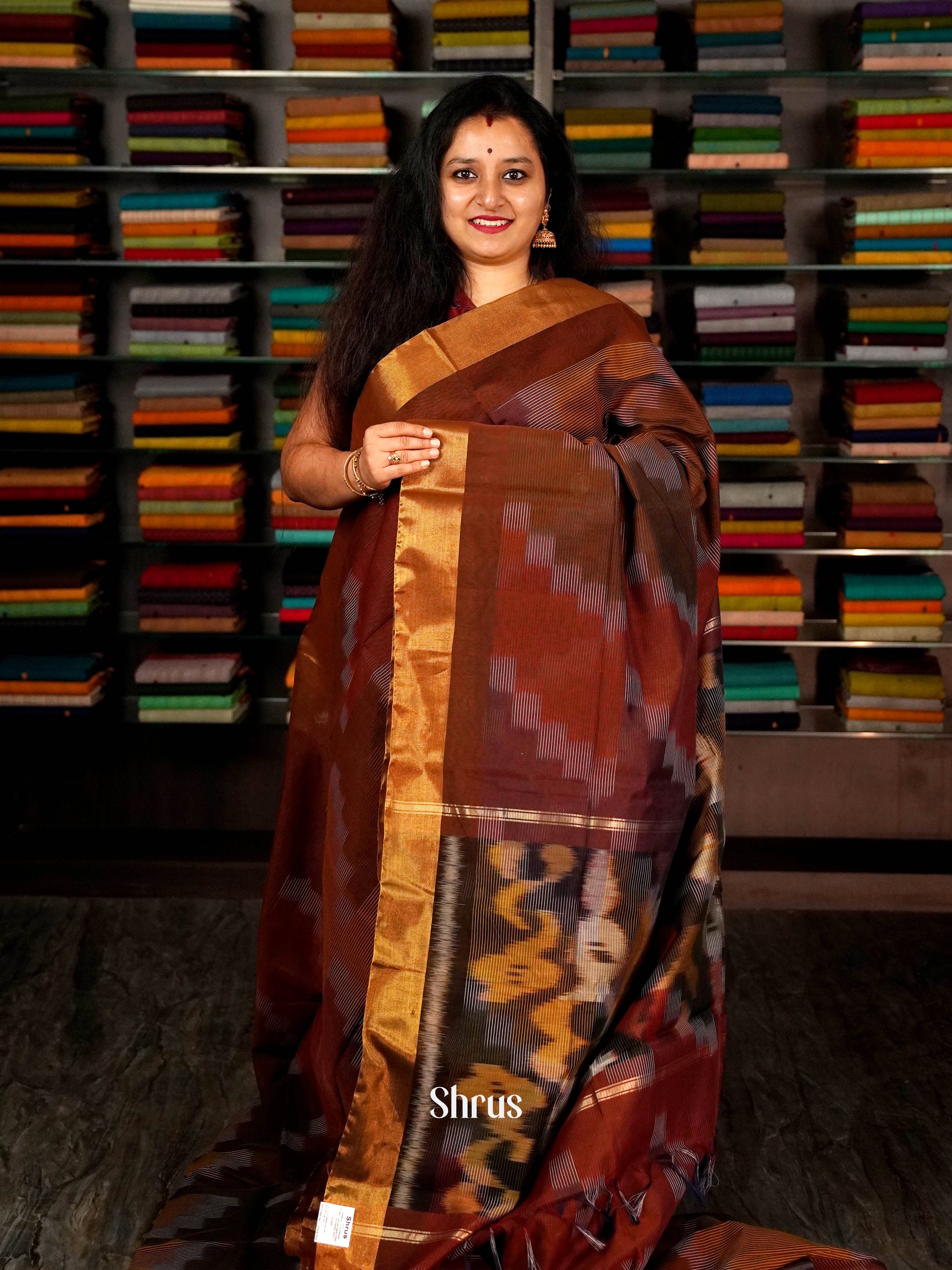 Brown - Ikkat Kora Saree