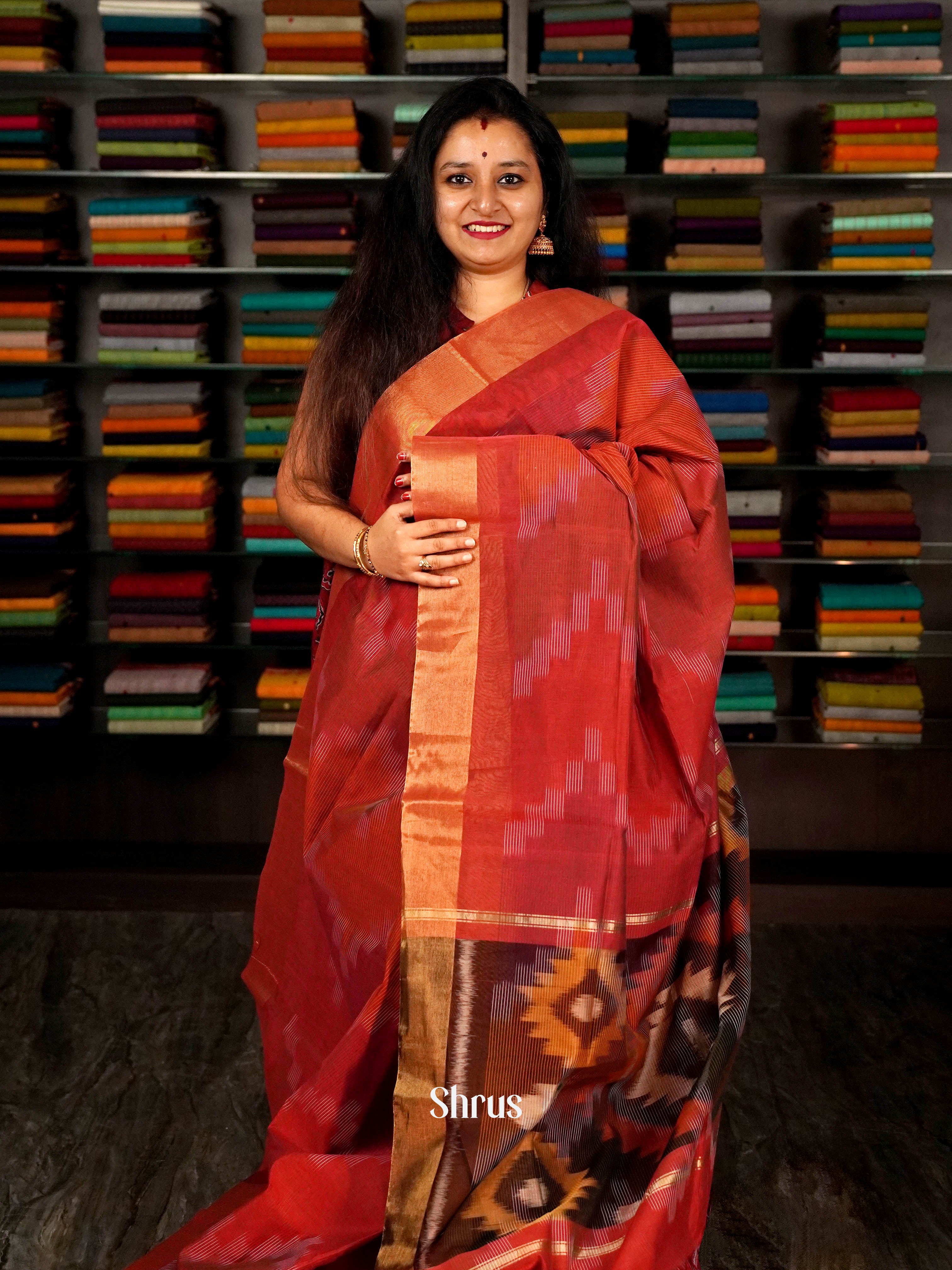 Red & Brown - Ikkat Kora Saree