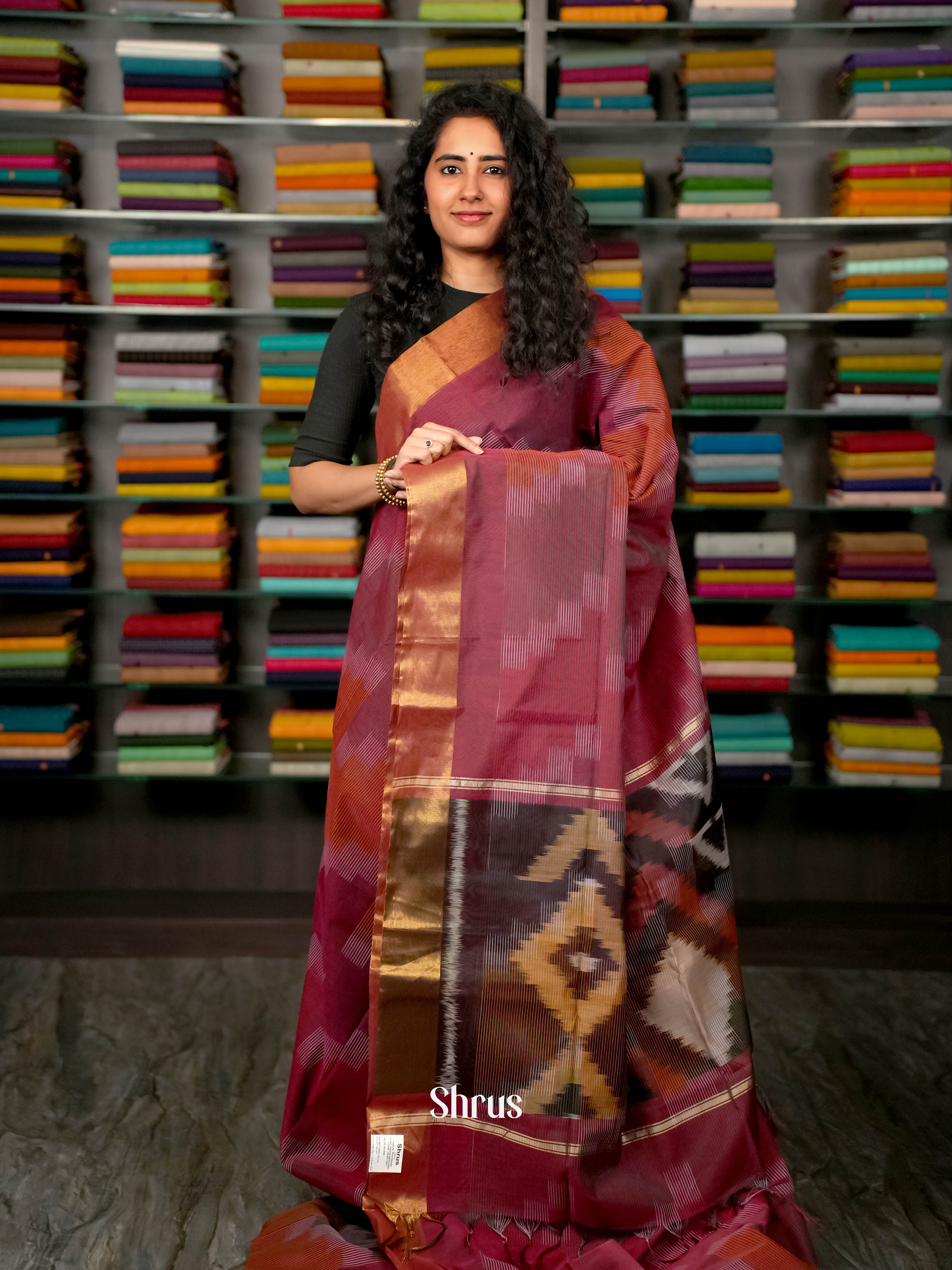 Maroon & Brown - Ikkat Kora Saree