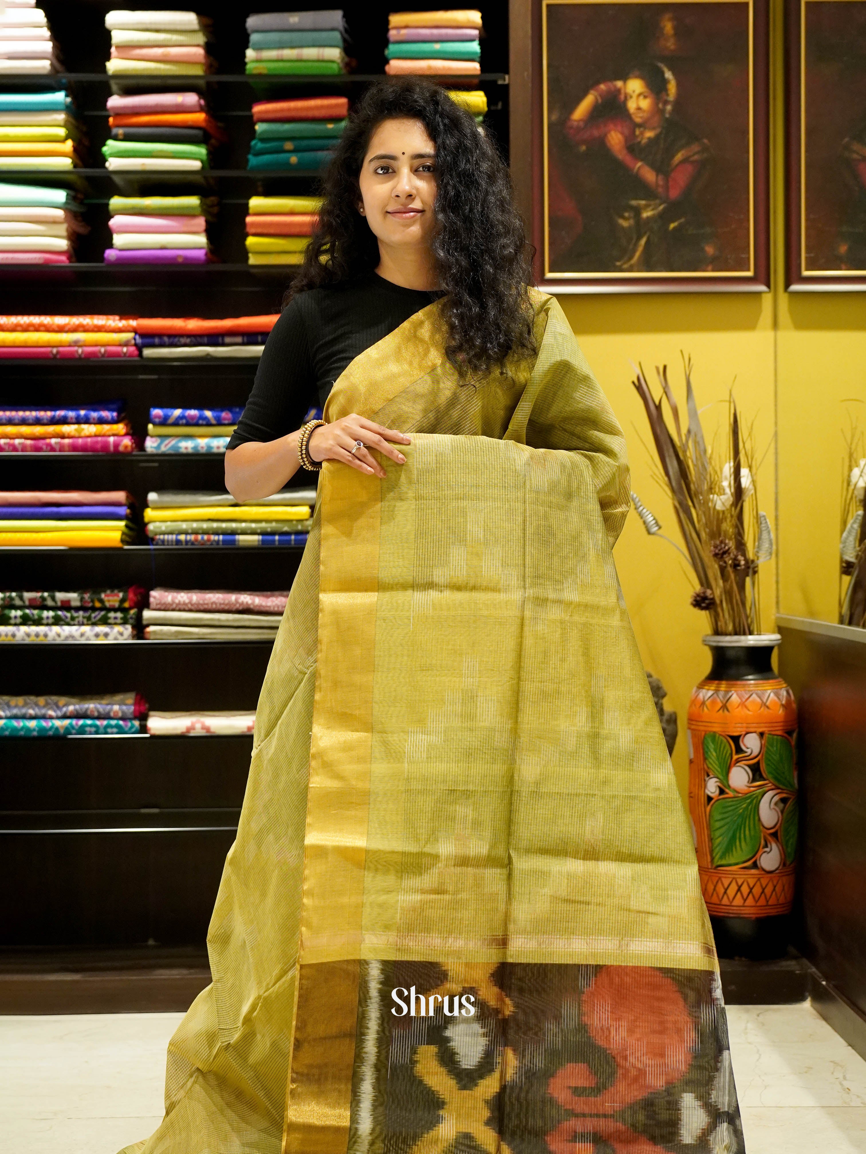 Golden Green  - Ikkat Kora Saree