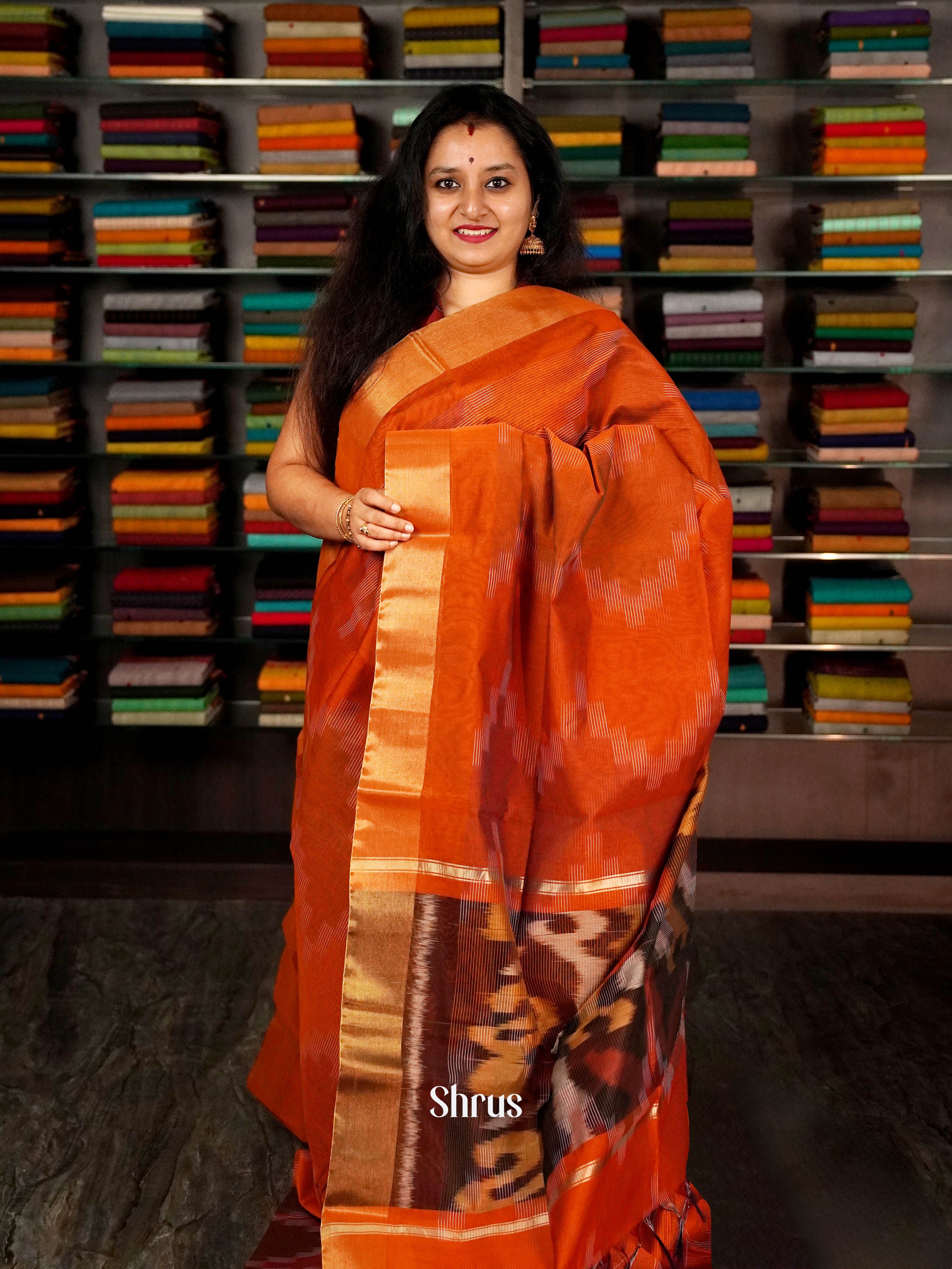 Brick & Maroon - Ikkat Kora Saree