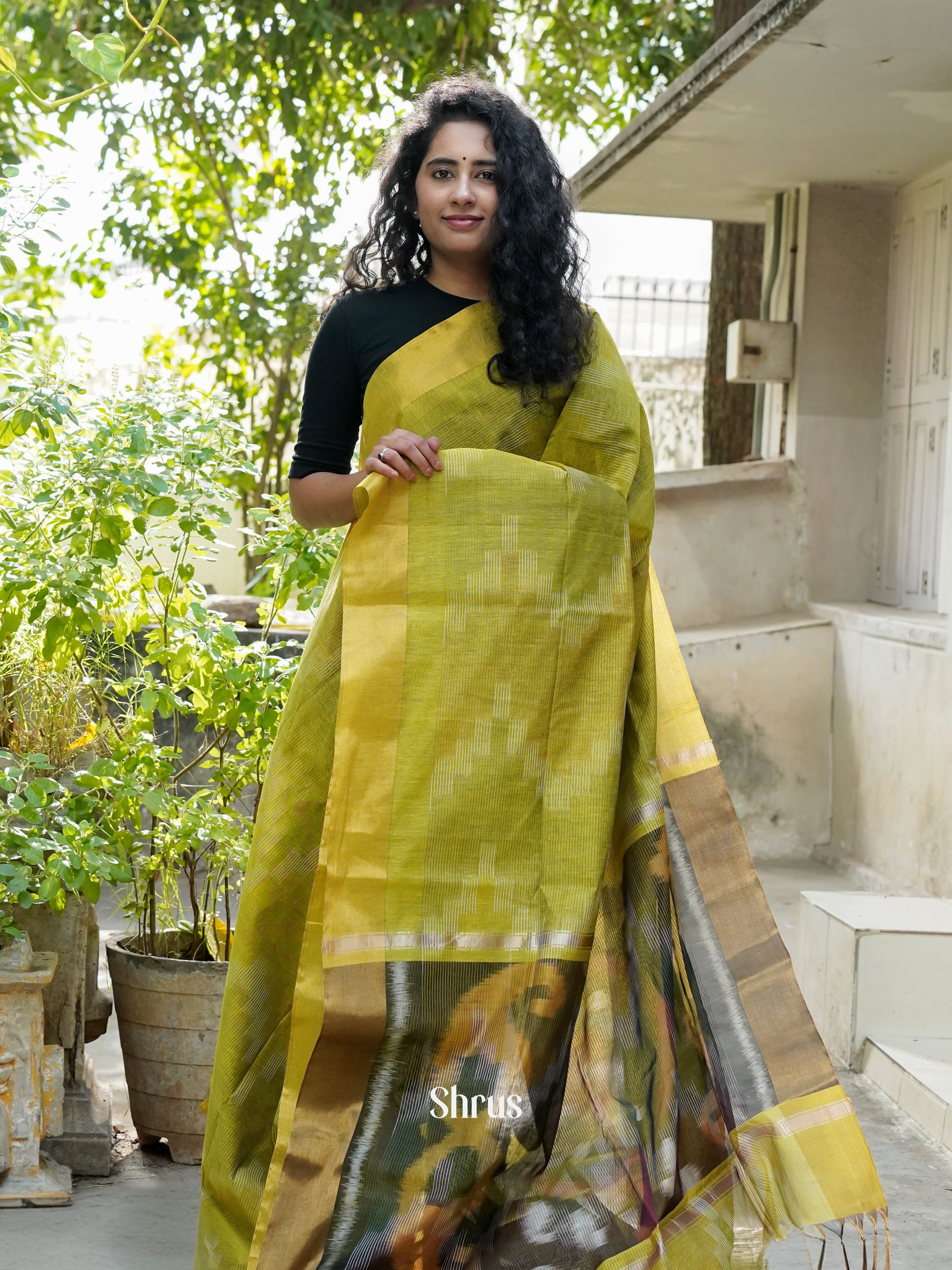 Greenish Yellow - Ikkat Kora Saree