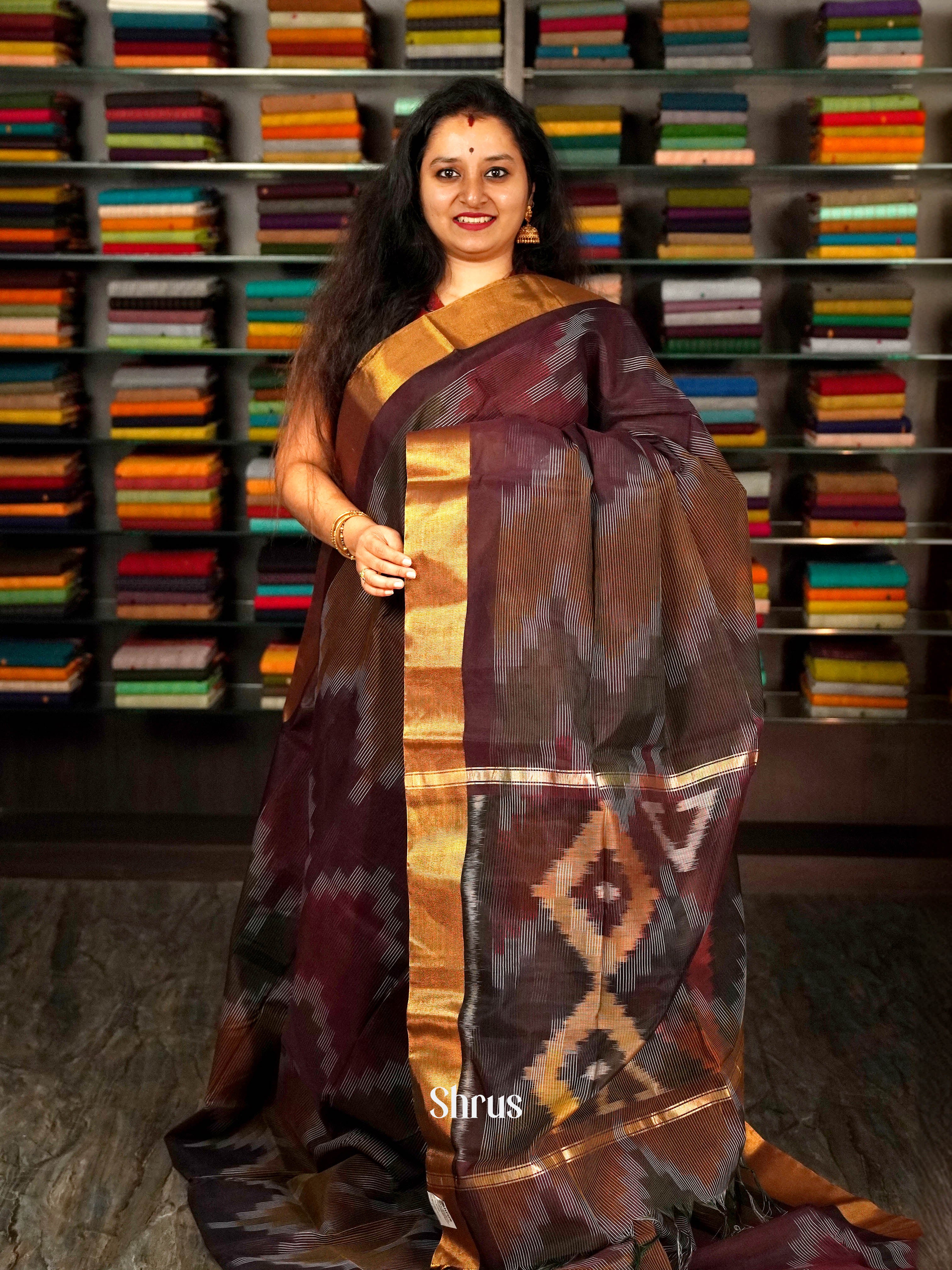 Brown - Ikkat Kora Saree