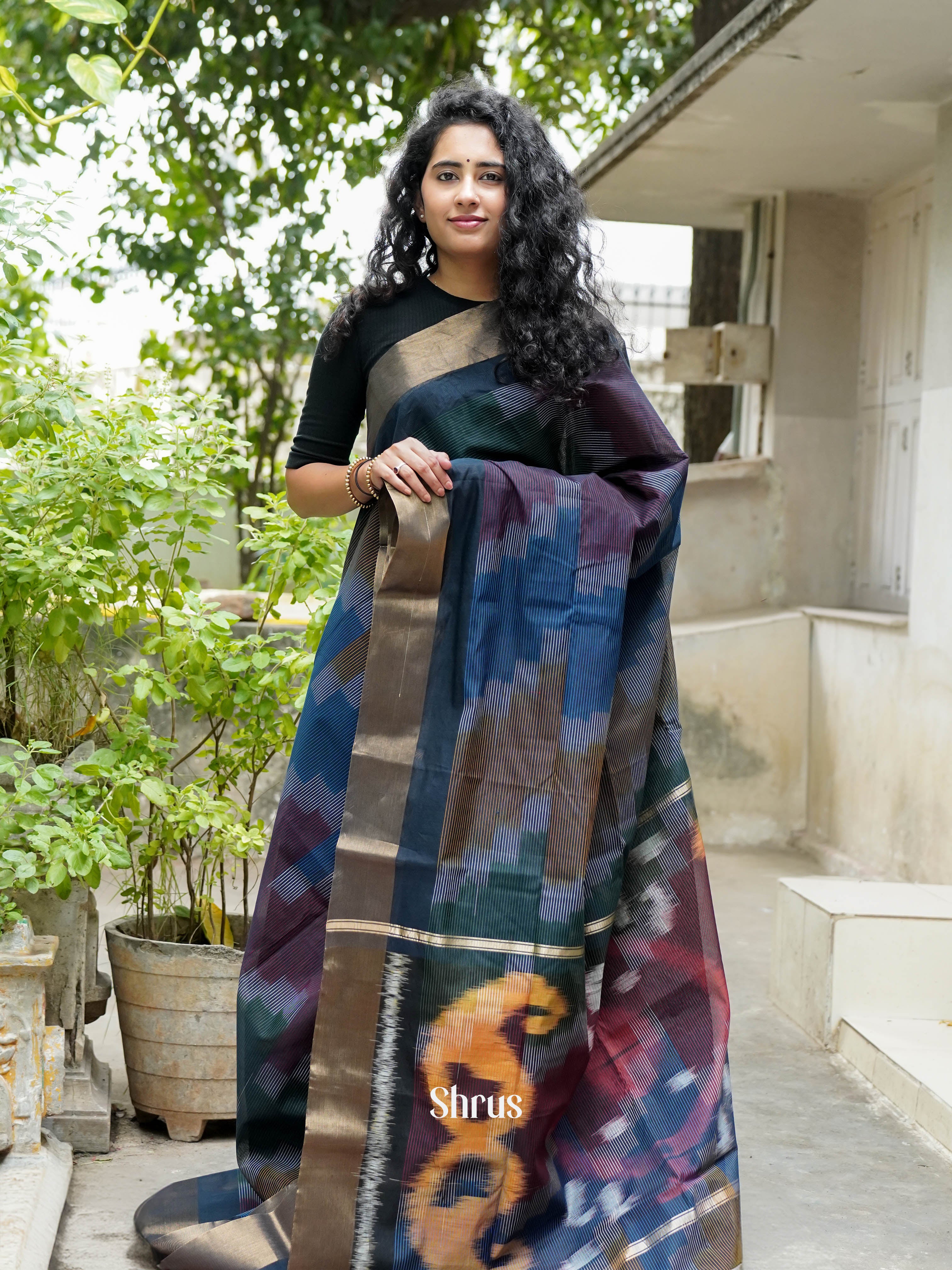 Blue With Multicolour - Ikkat Kora Saree