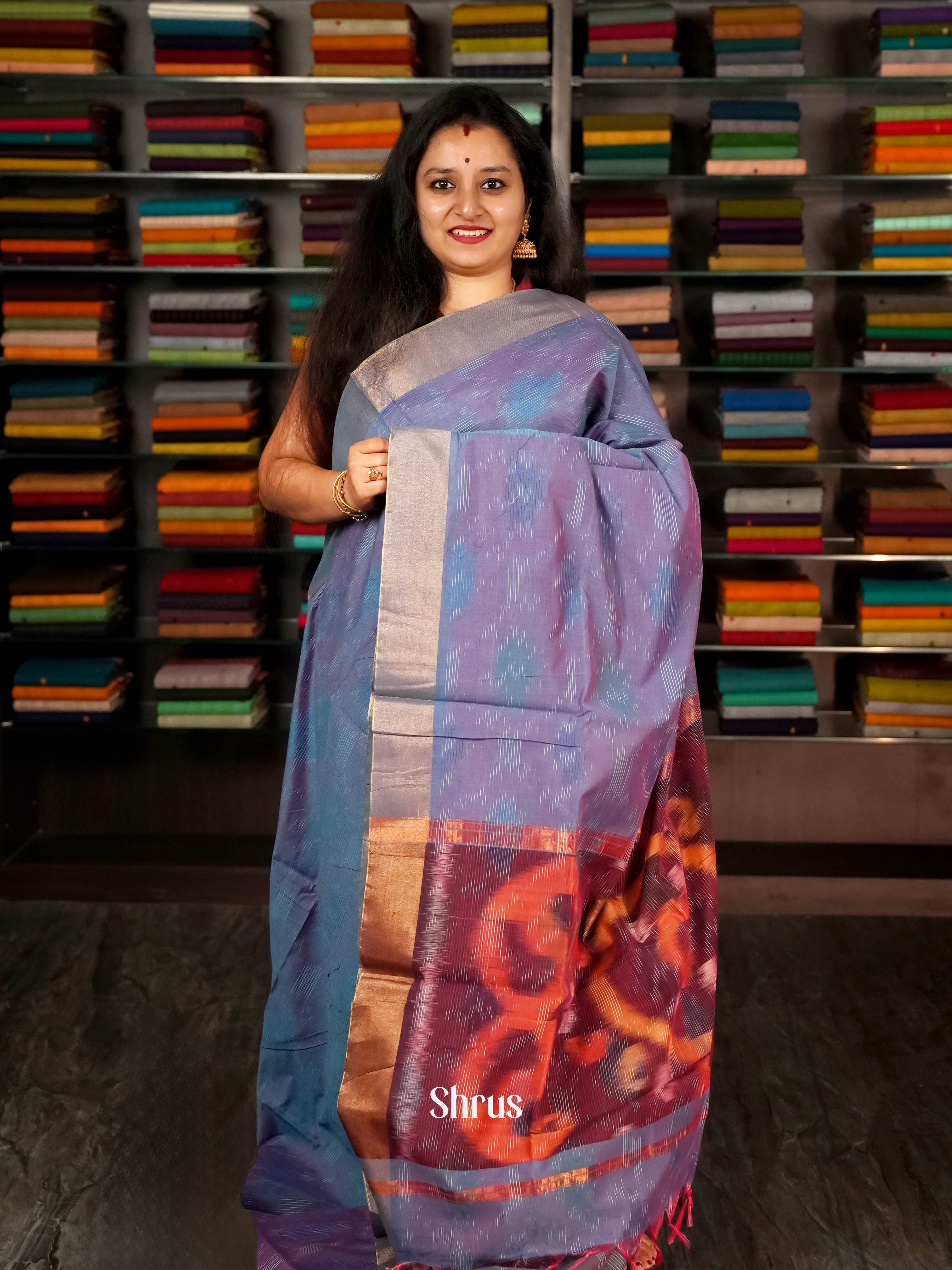 Purple & Blue  - Ikkat Kora Saree