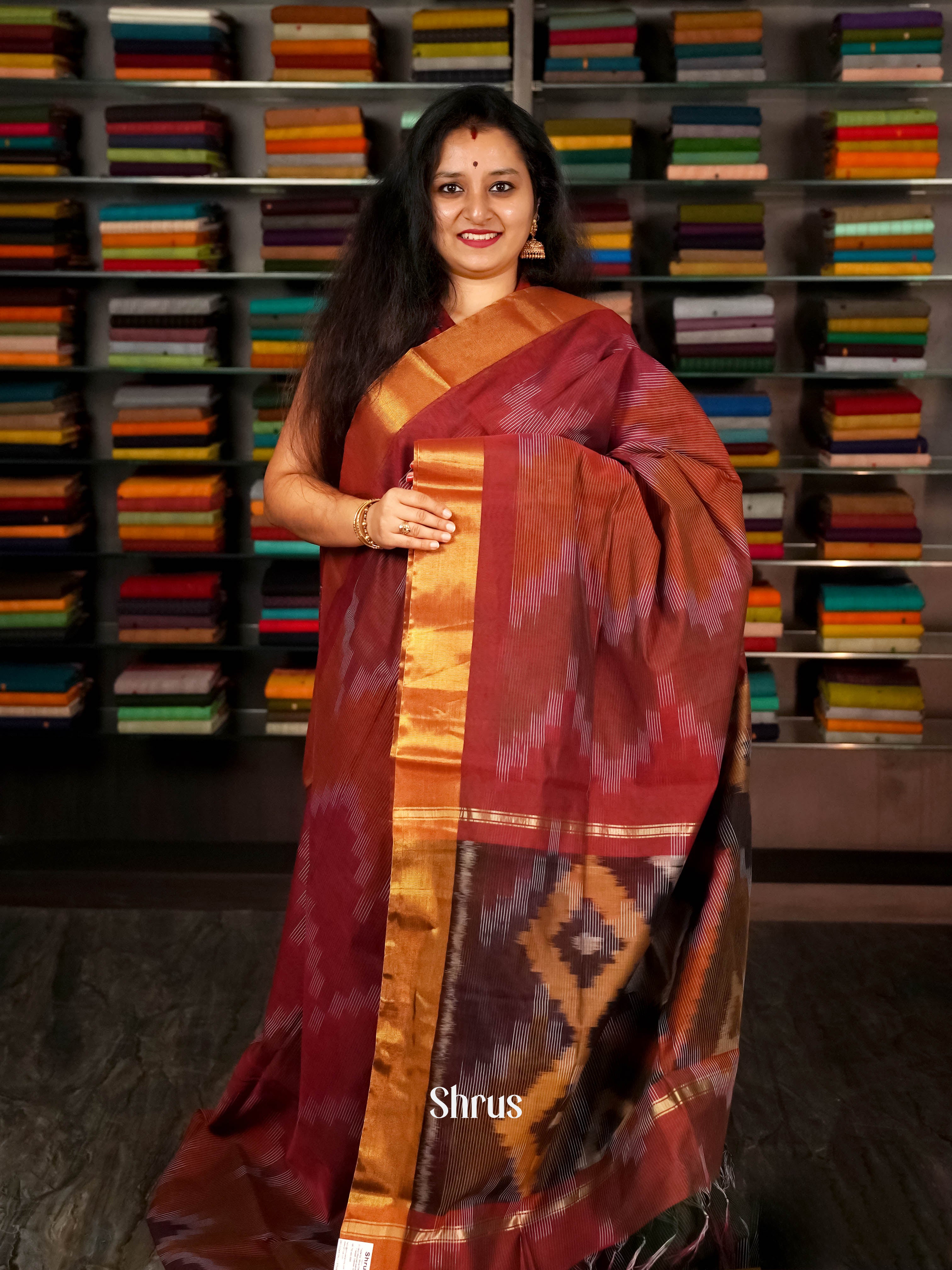 Maroon & Brown  - Ikkat Kora Saree