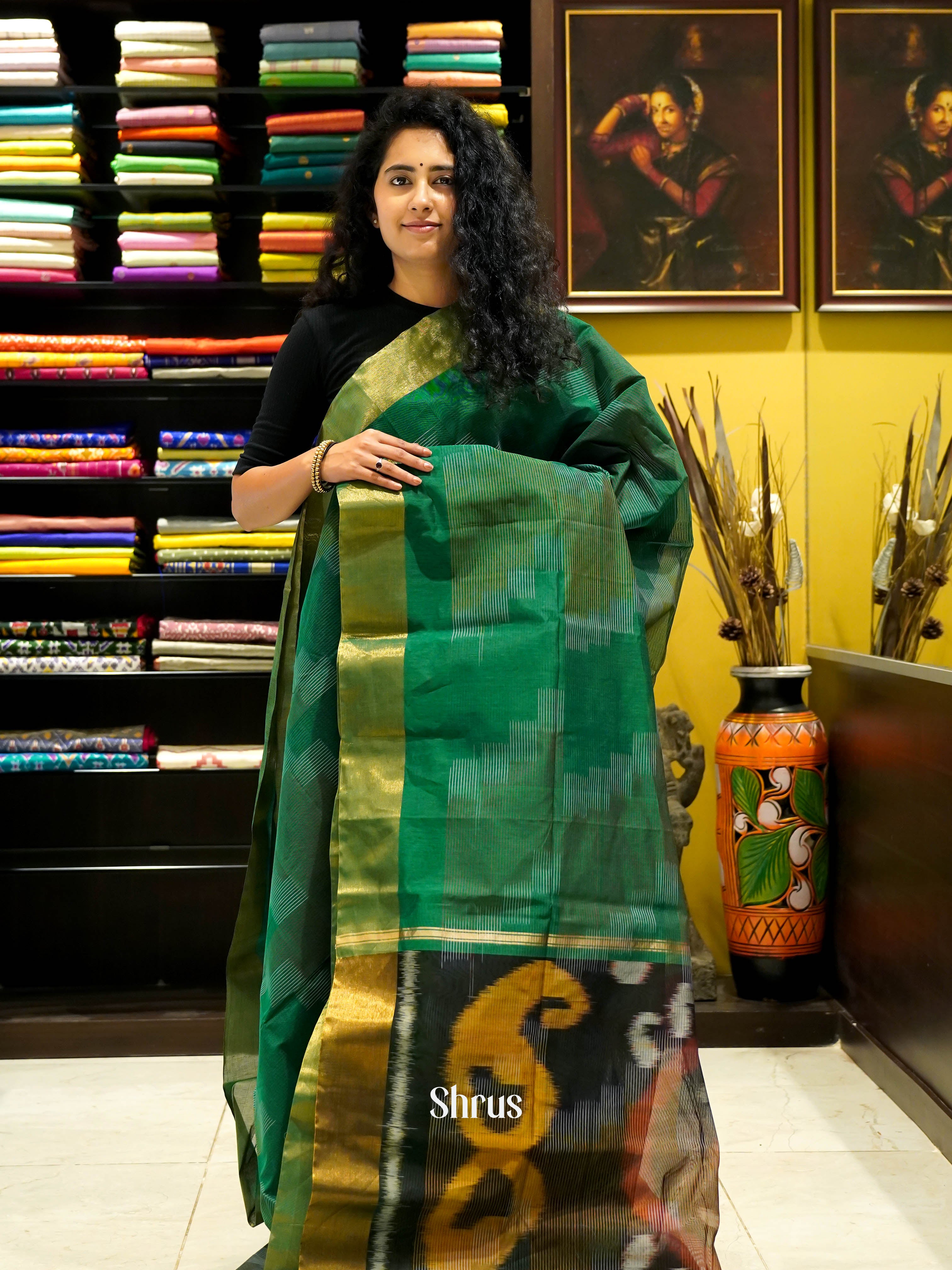 Dark Green  - Ikkat Kora Saree