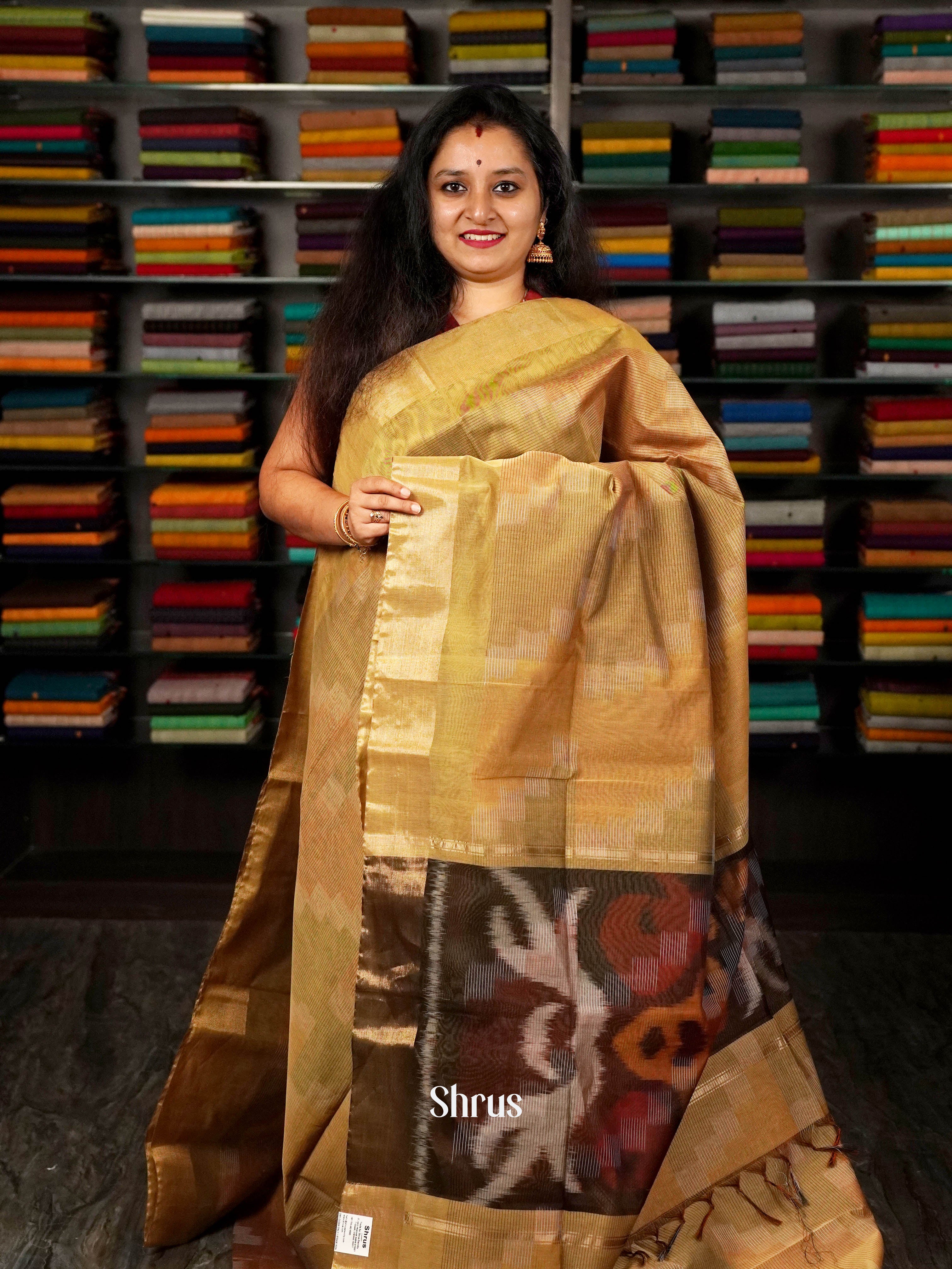 Dull Brown   - Ikkat Kora Saree