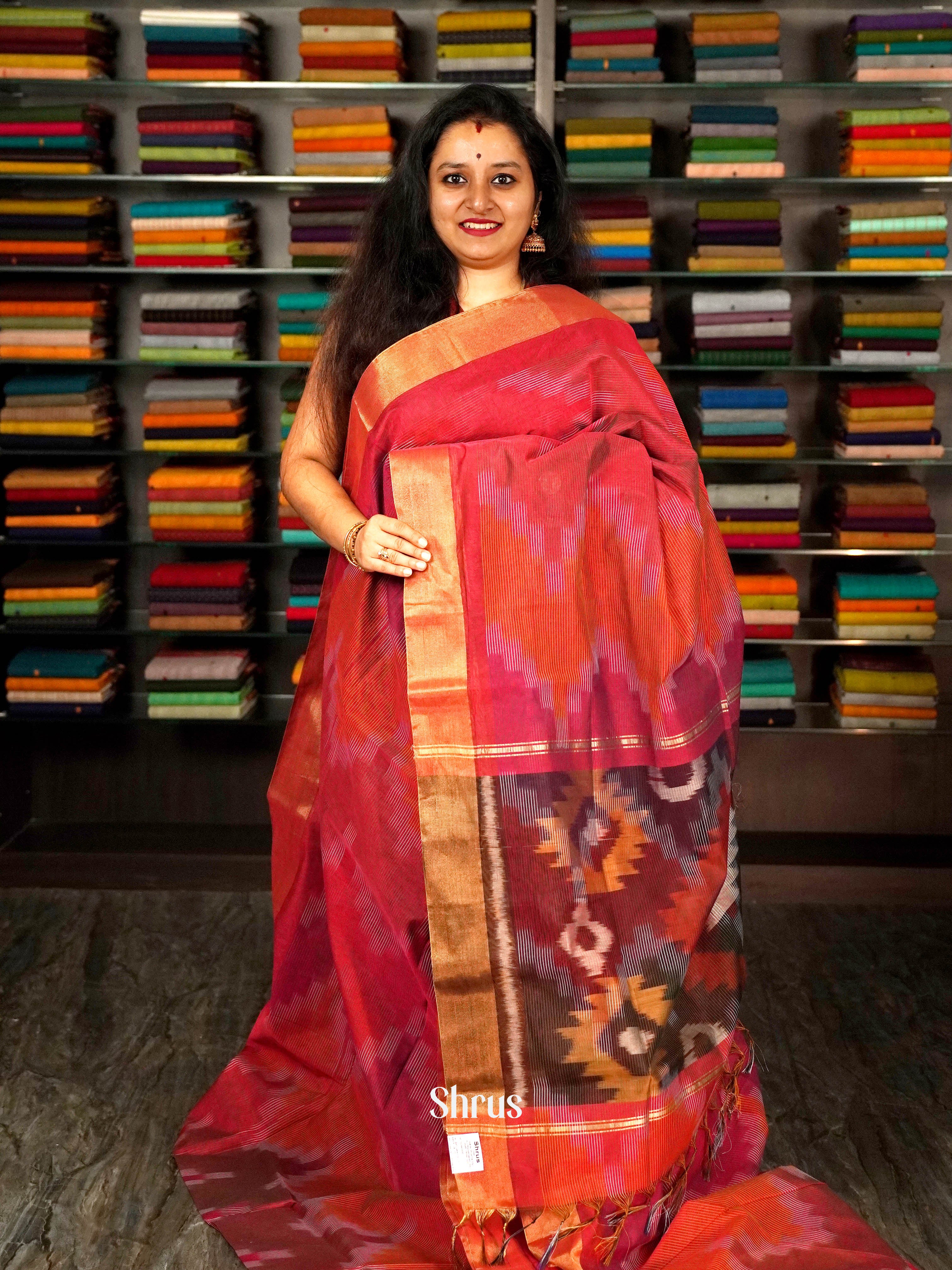 Red & Maroon- Ikkat Kora Saree