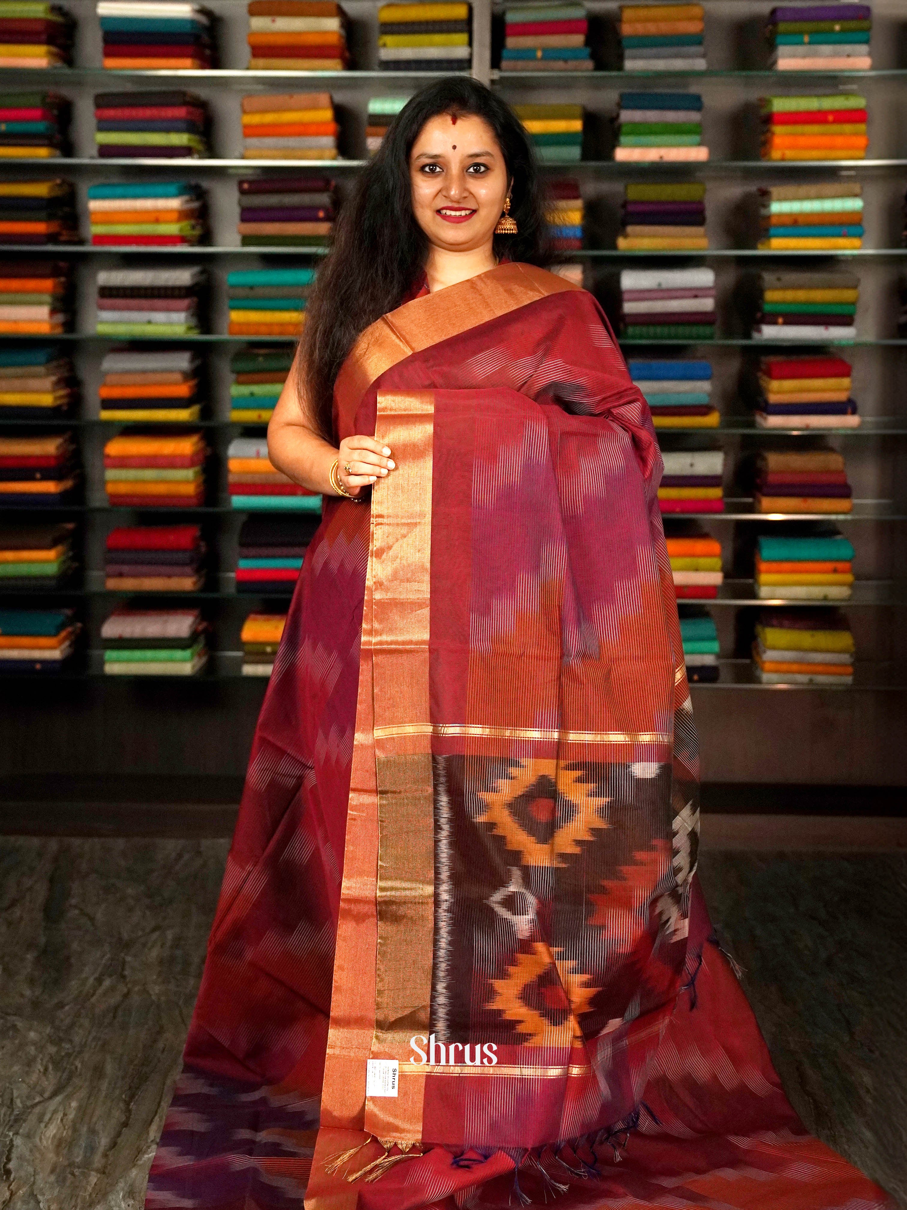 Red & Brown  - Ikkat Kora Saree