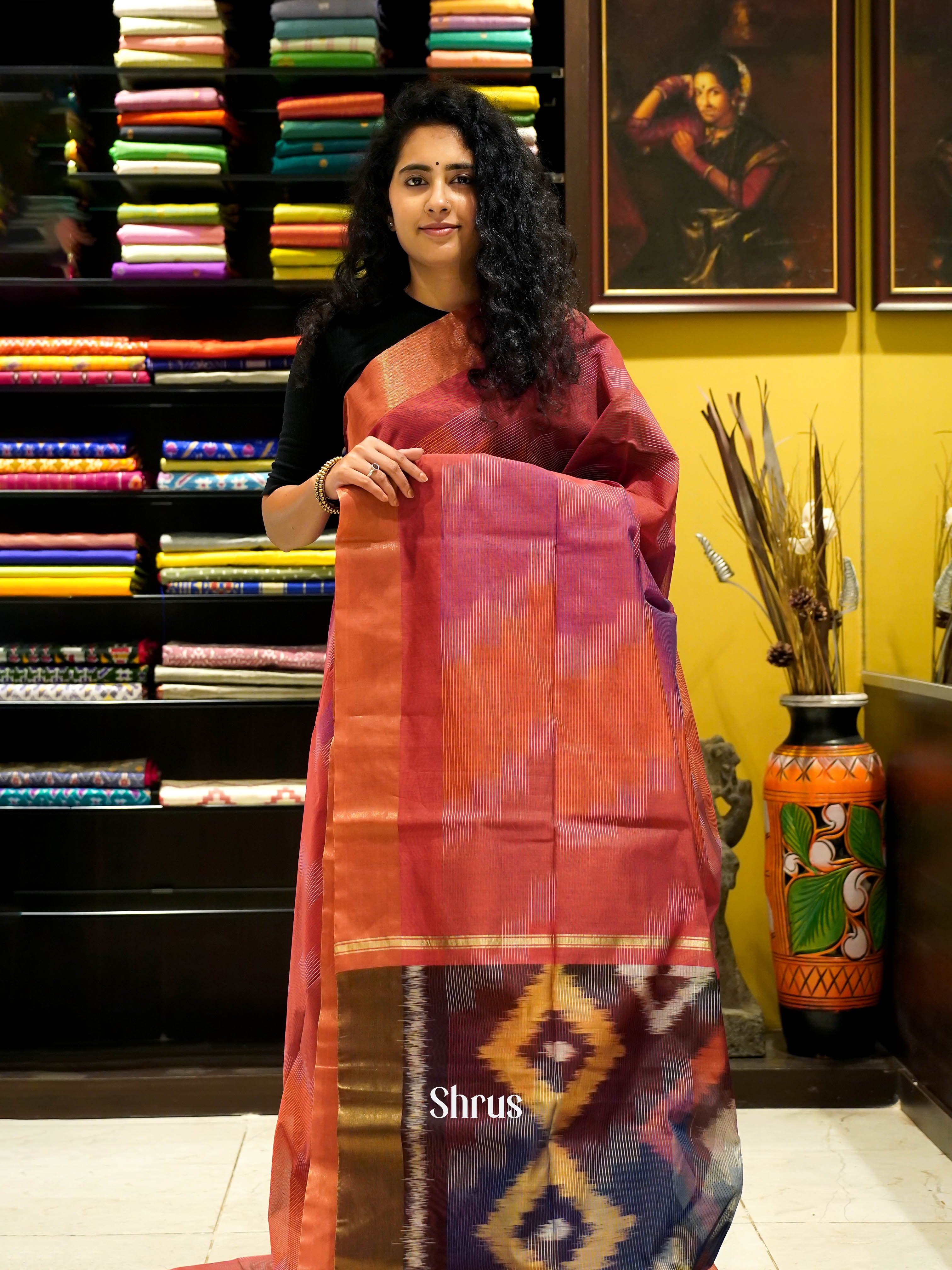 Rosy Red  - Ikkat Kora Saree