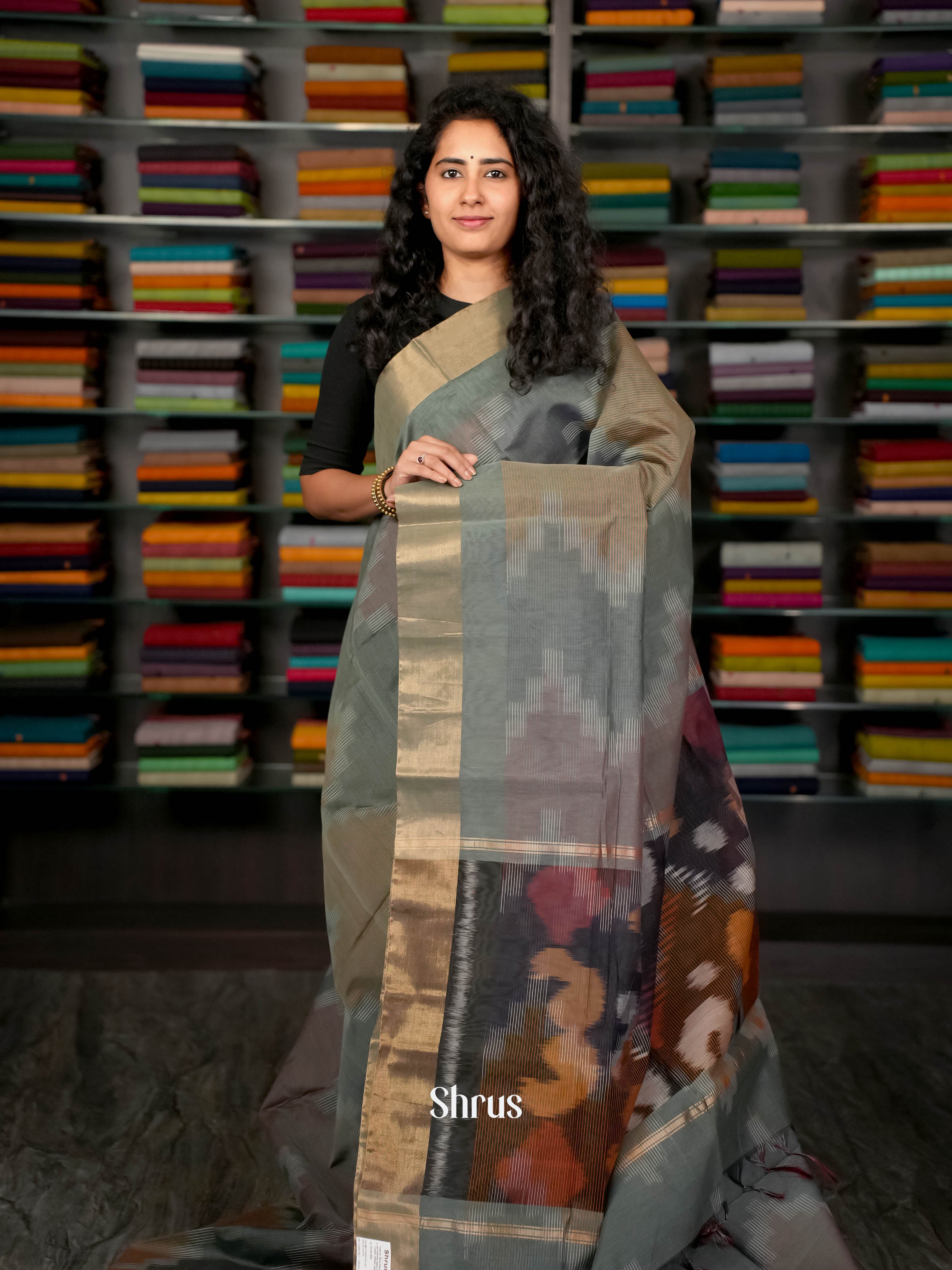 Teal Grey  - Ikkat Kora Saree