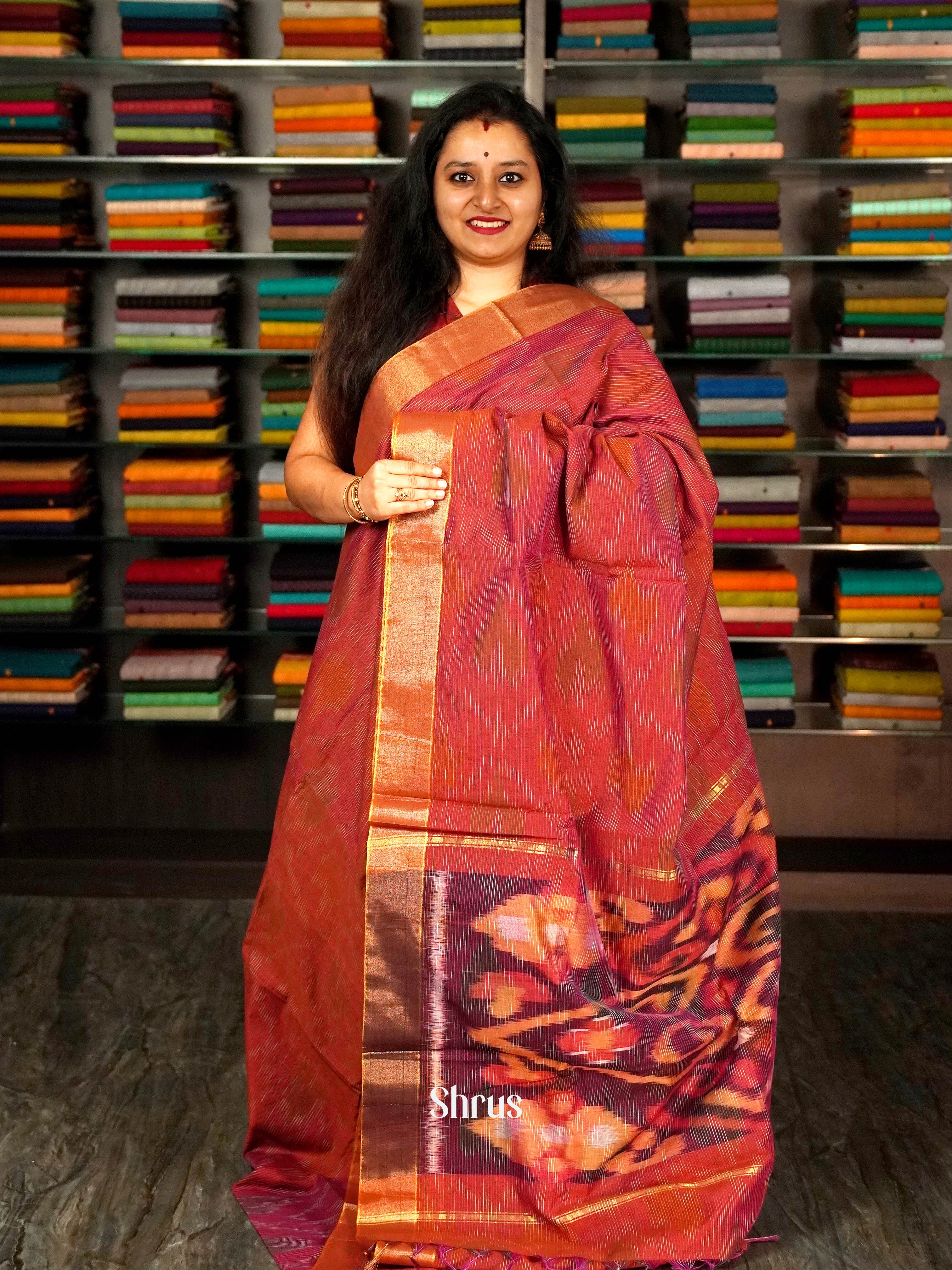 Red & Maroon - Ikkat Kora Saree