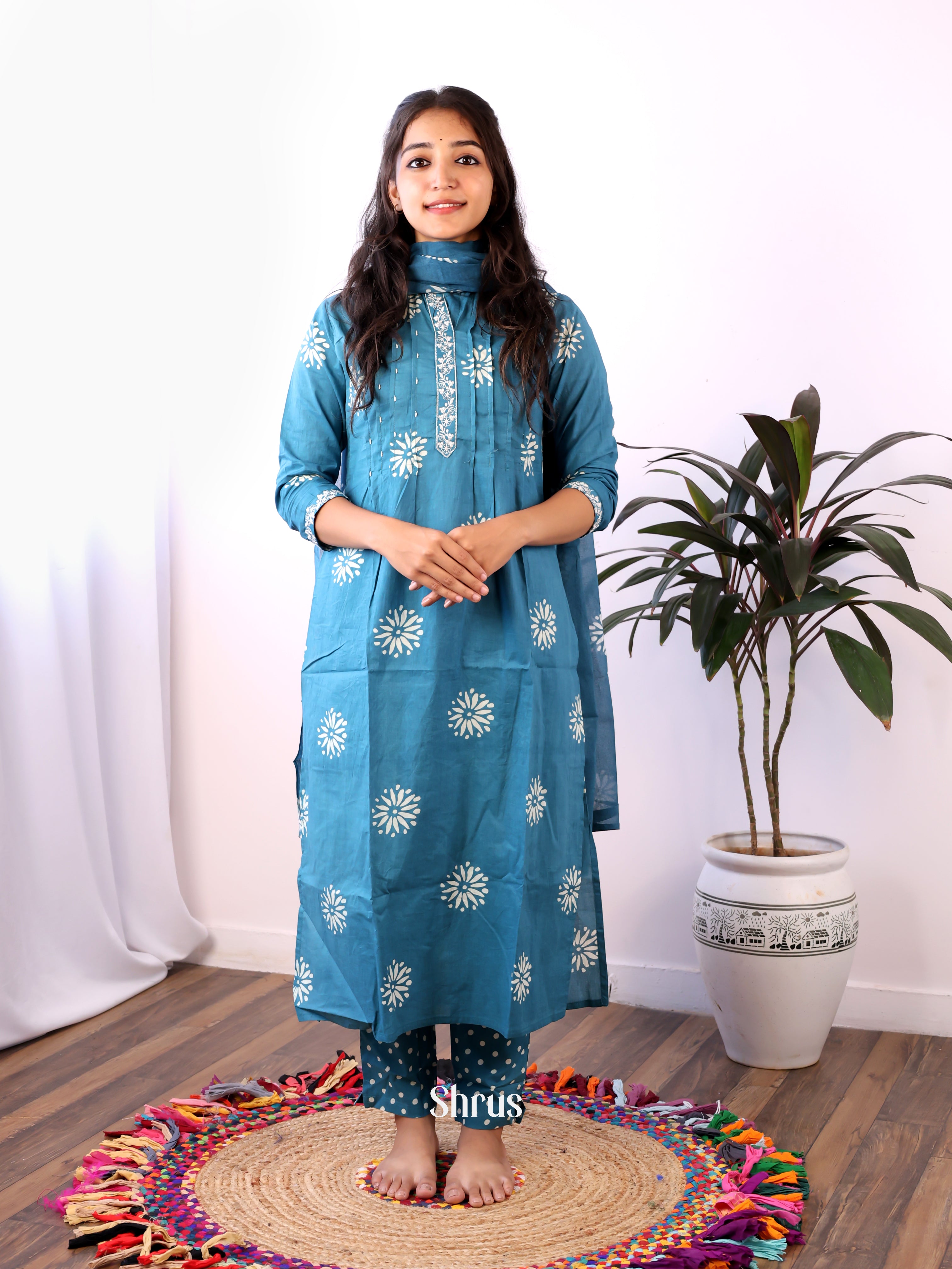 Blue- 3pc bhatik print Readymade Suits