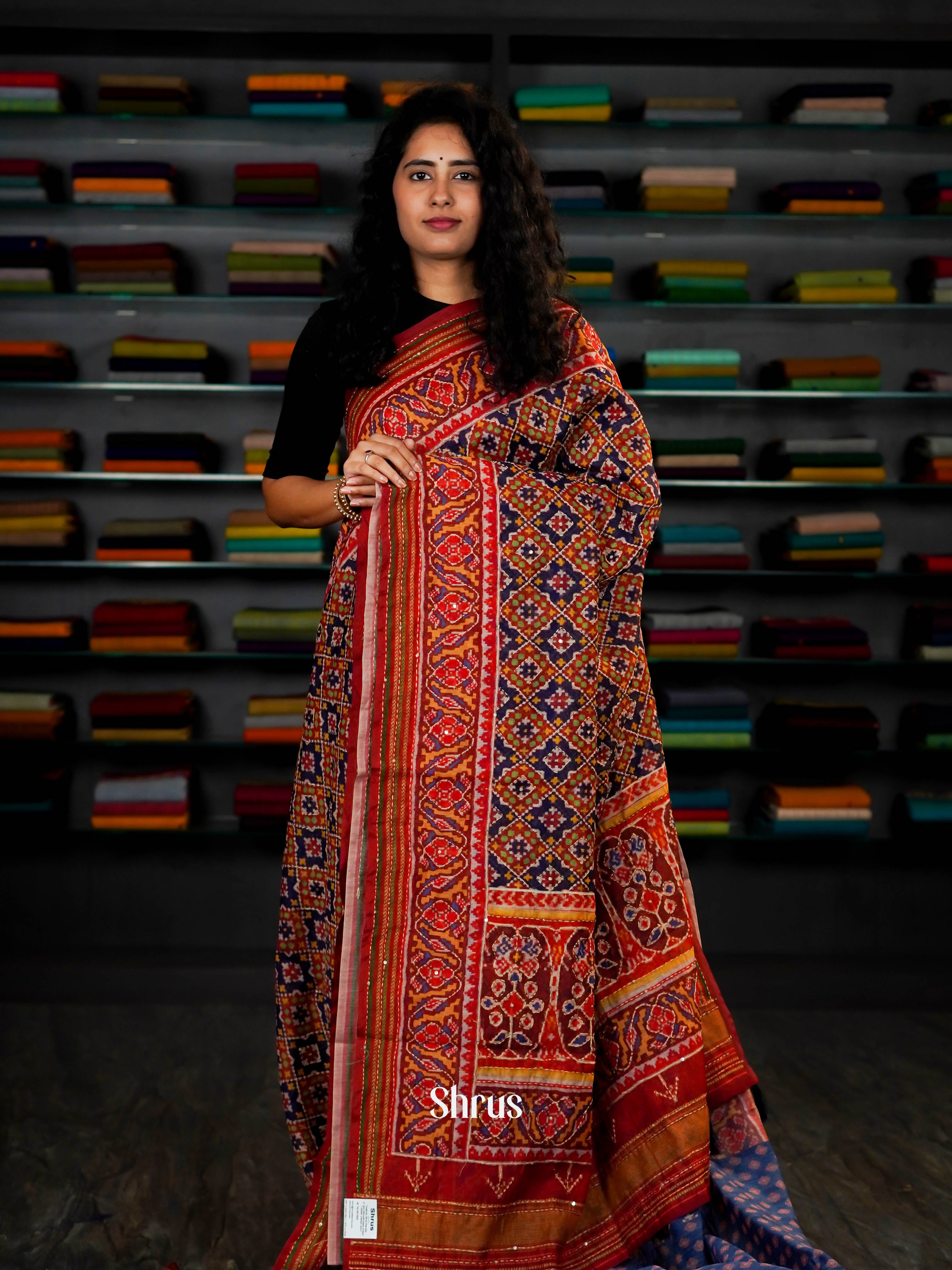 Blue & Red  - Semi Kantha Saree