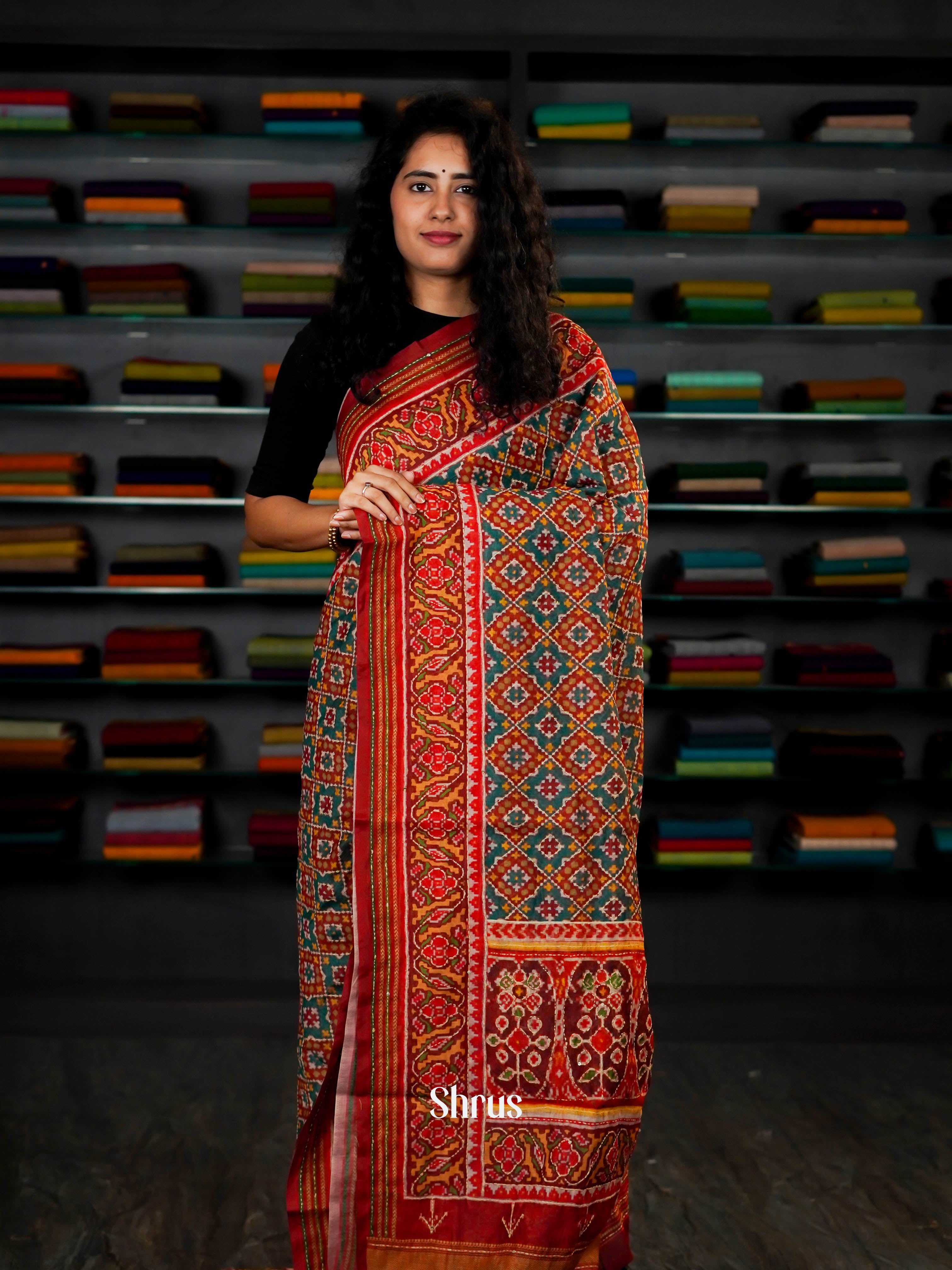 Teal & Red  - Semi Kantha Saree