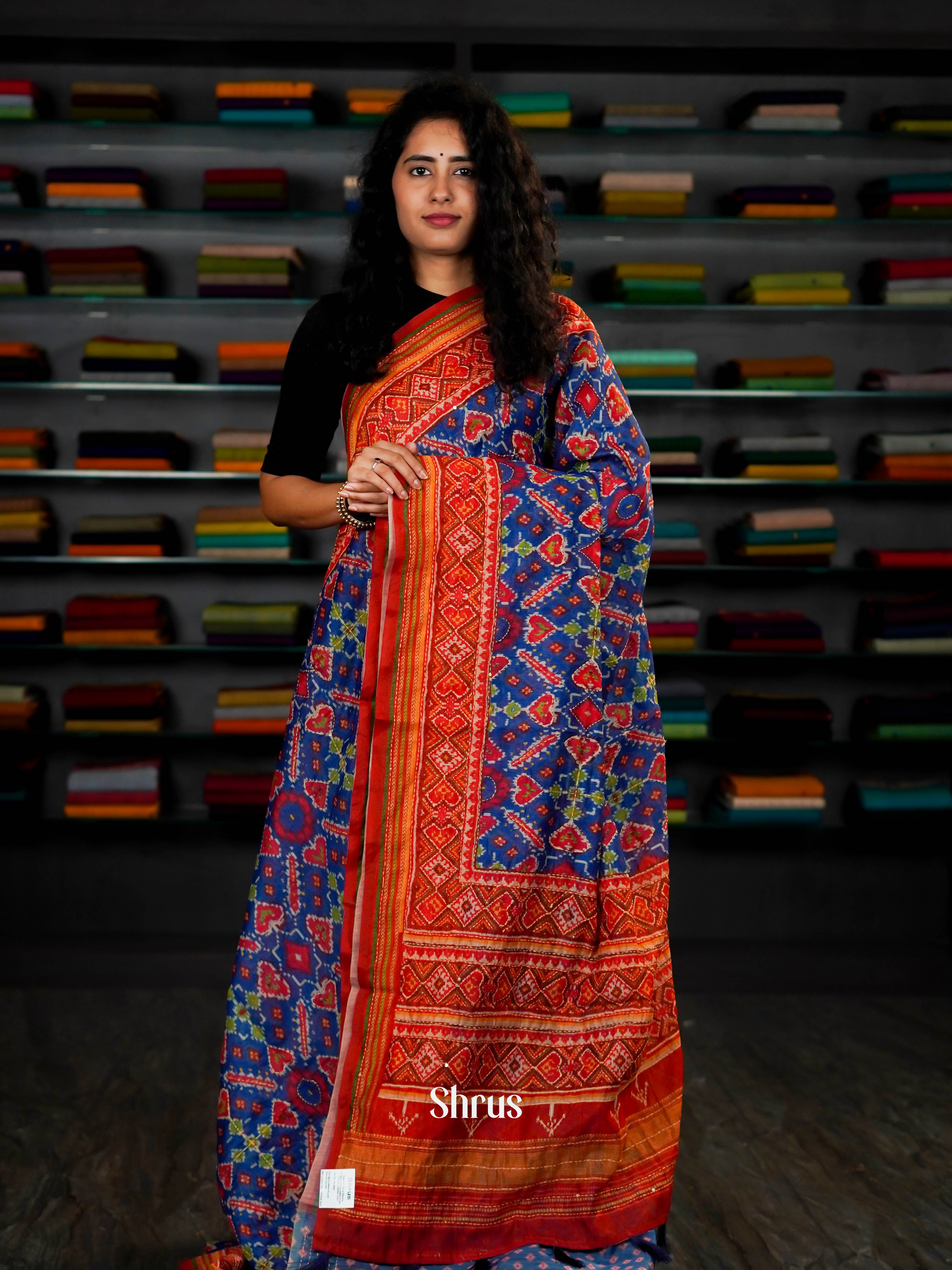 Blue & Red  - Semi Kantha Saree