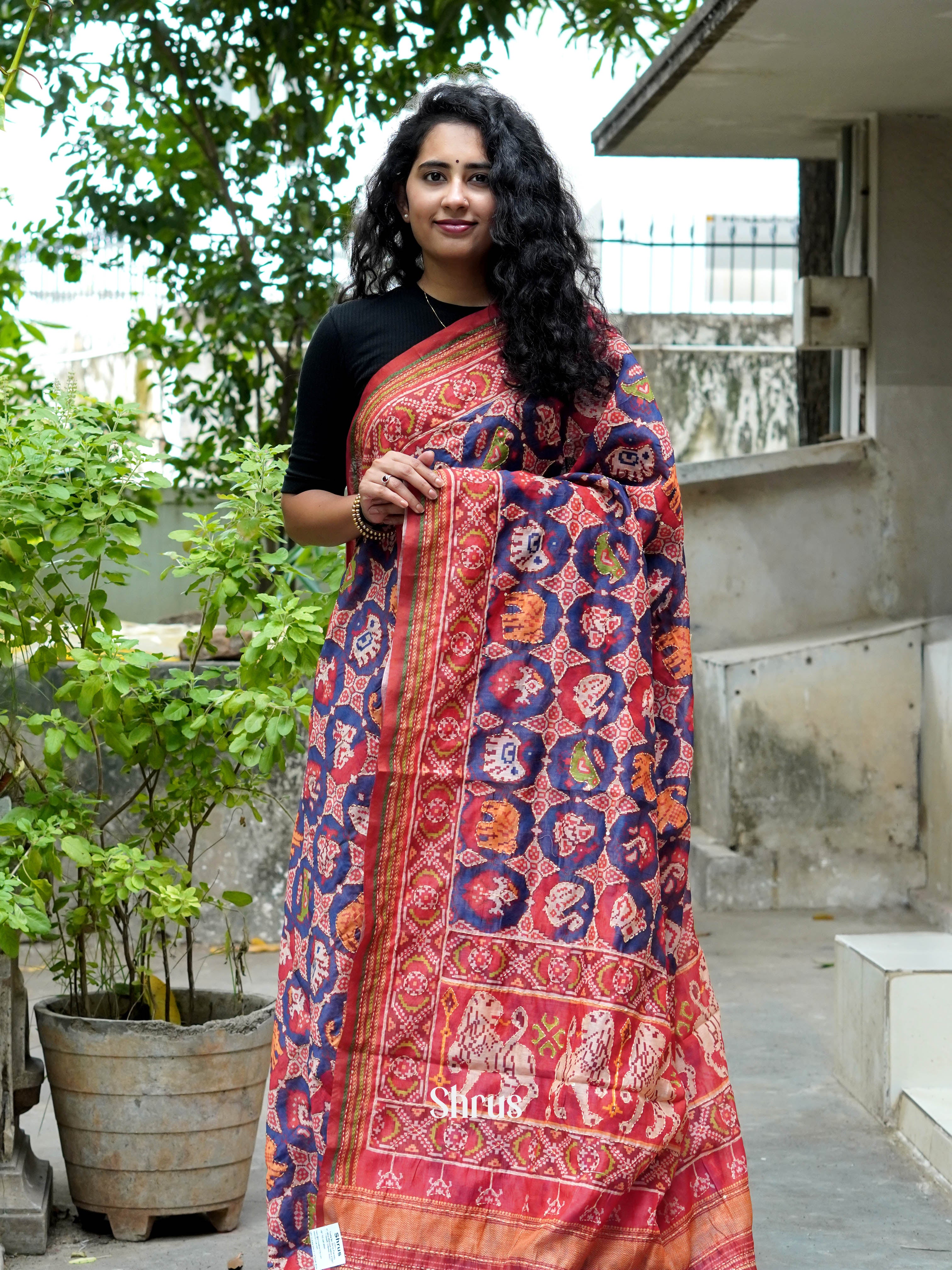 Blue &  Red - Semi Kantha Saree