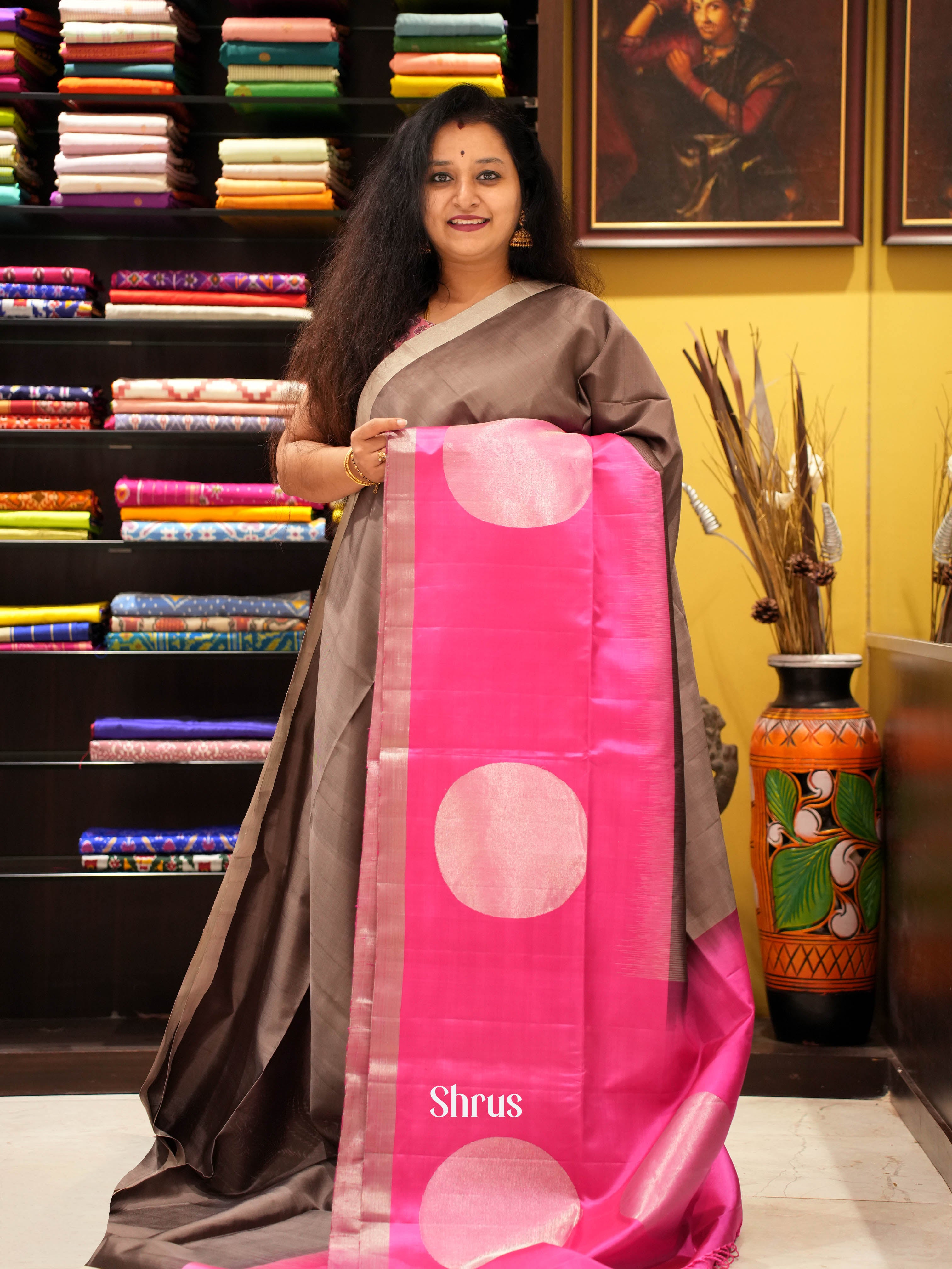 Grey & Pink  - Soft Silk Saree