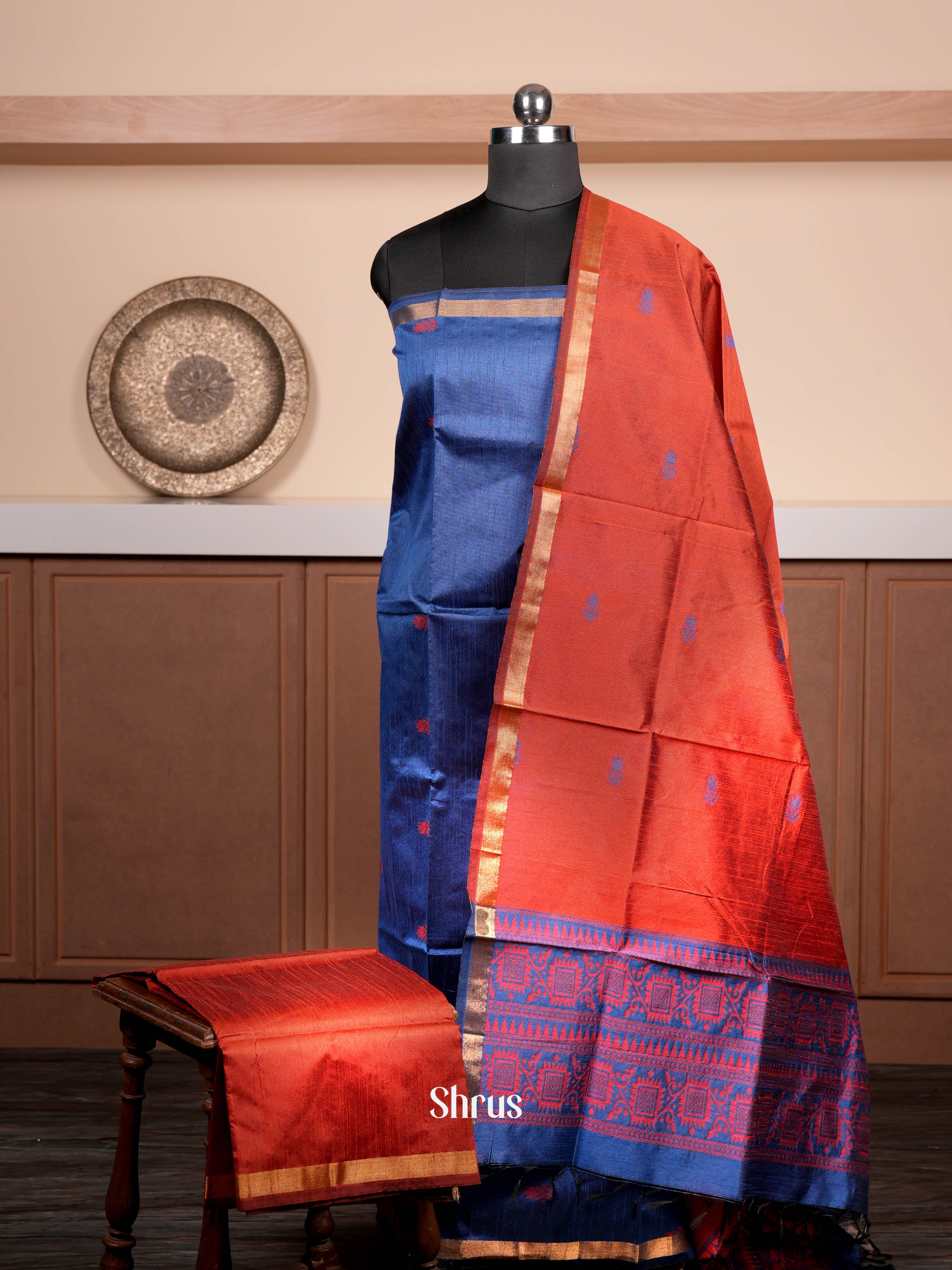 Blue & Reddish Orange  - Semi rawsilk salwar