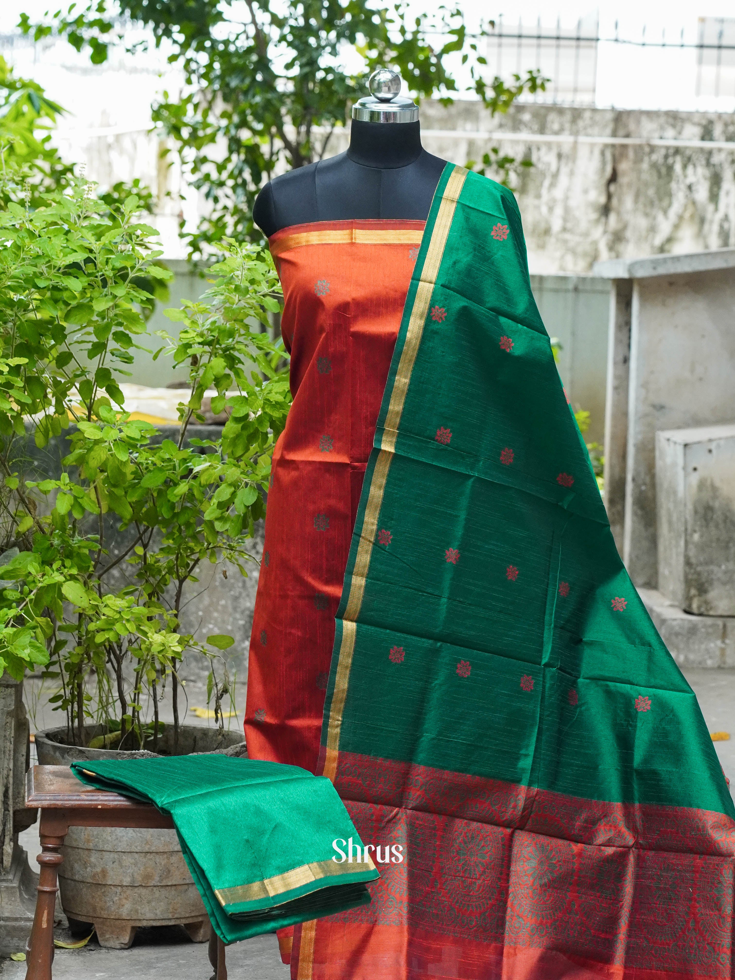 Maroon & Dark Green - Semi rawsilk salwar