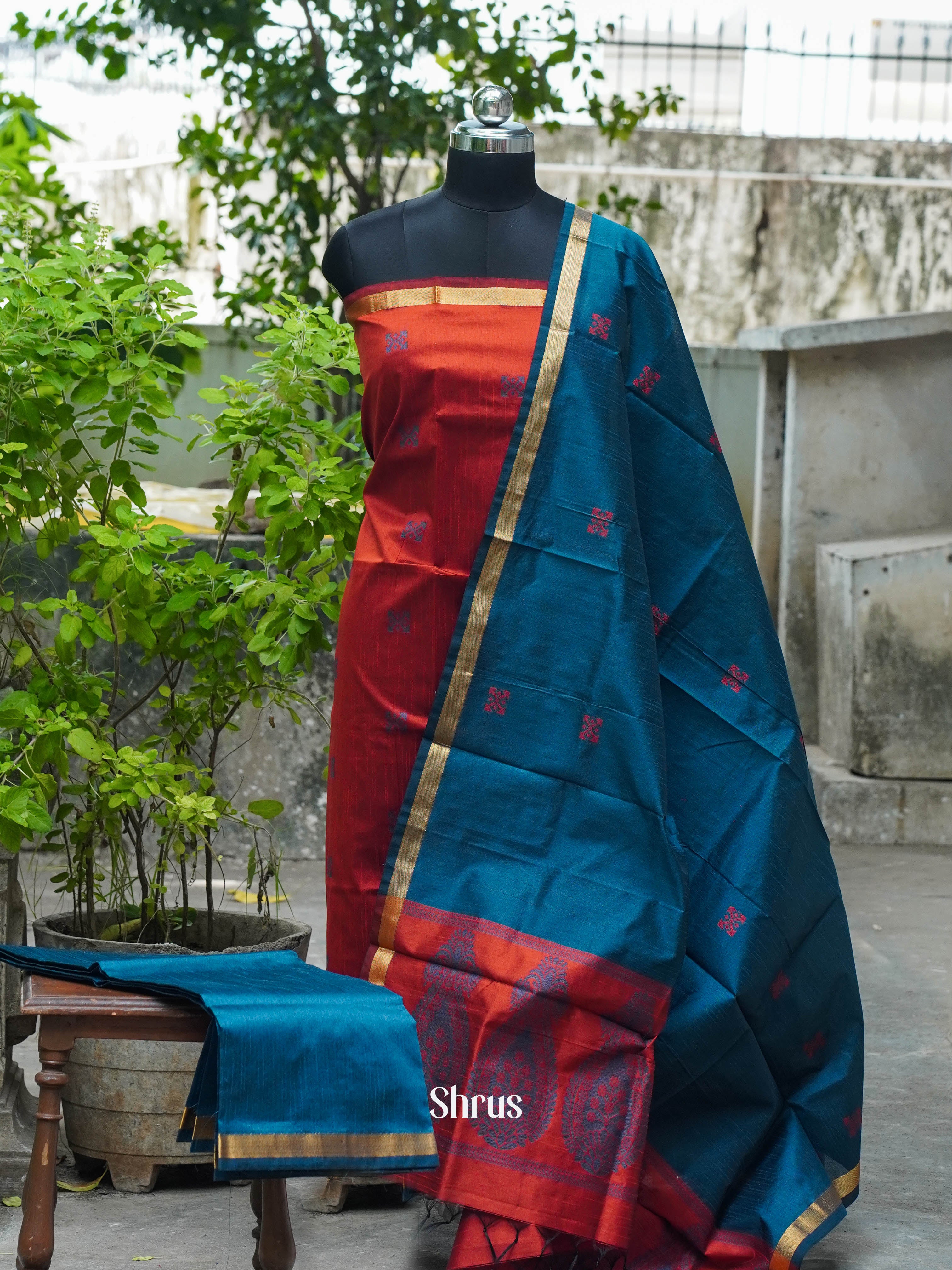 Maroon & Greenish Blue -  Semi rawsilk salwar