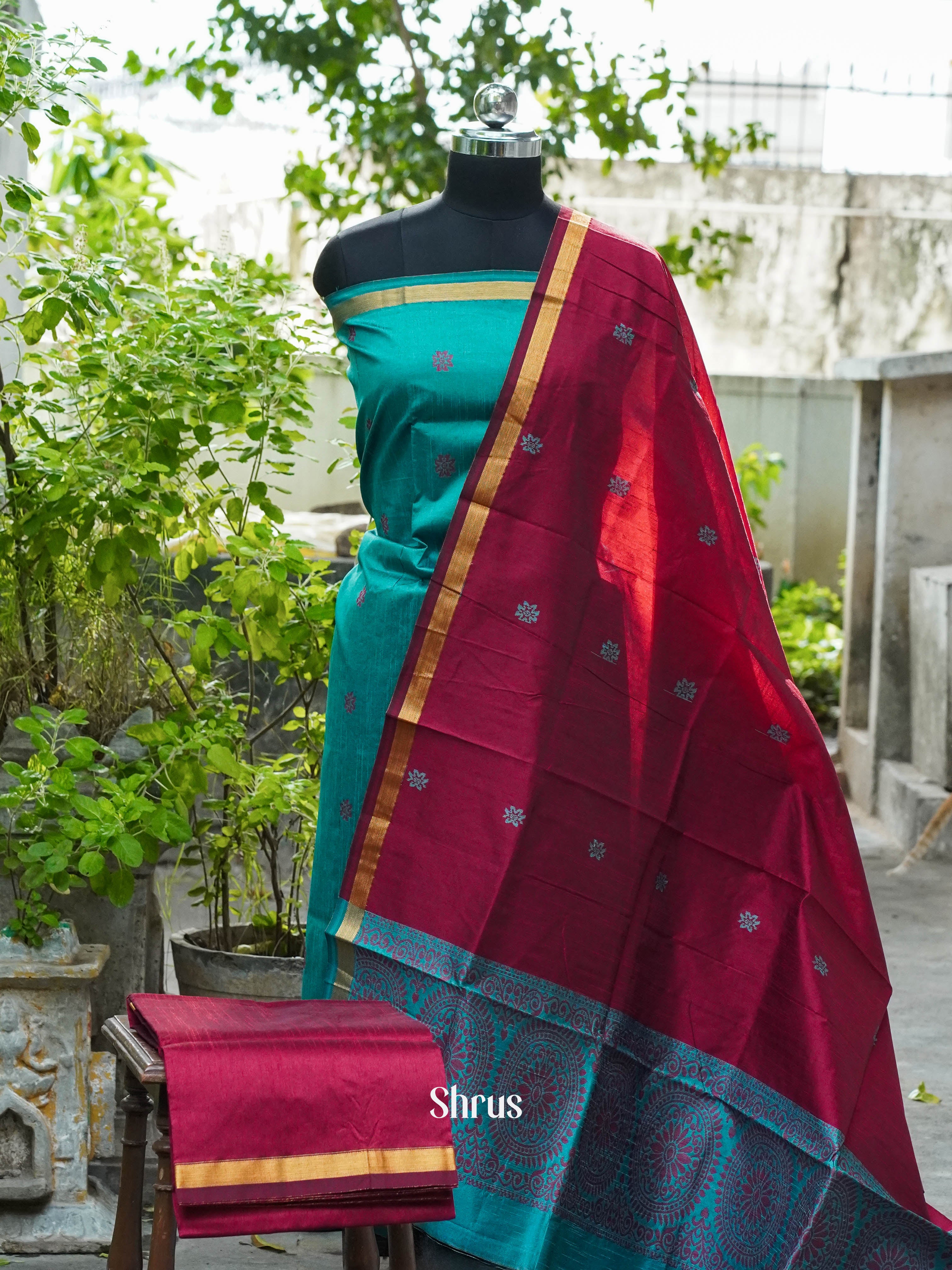 Blue Green and Dark Maroon - Semi rawsilk salwar