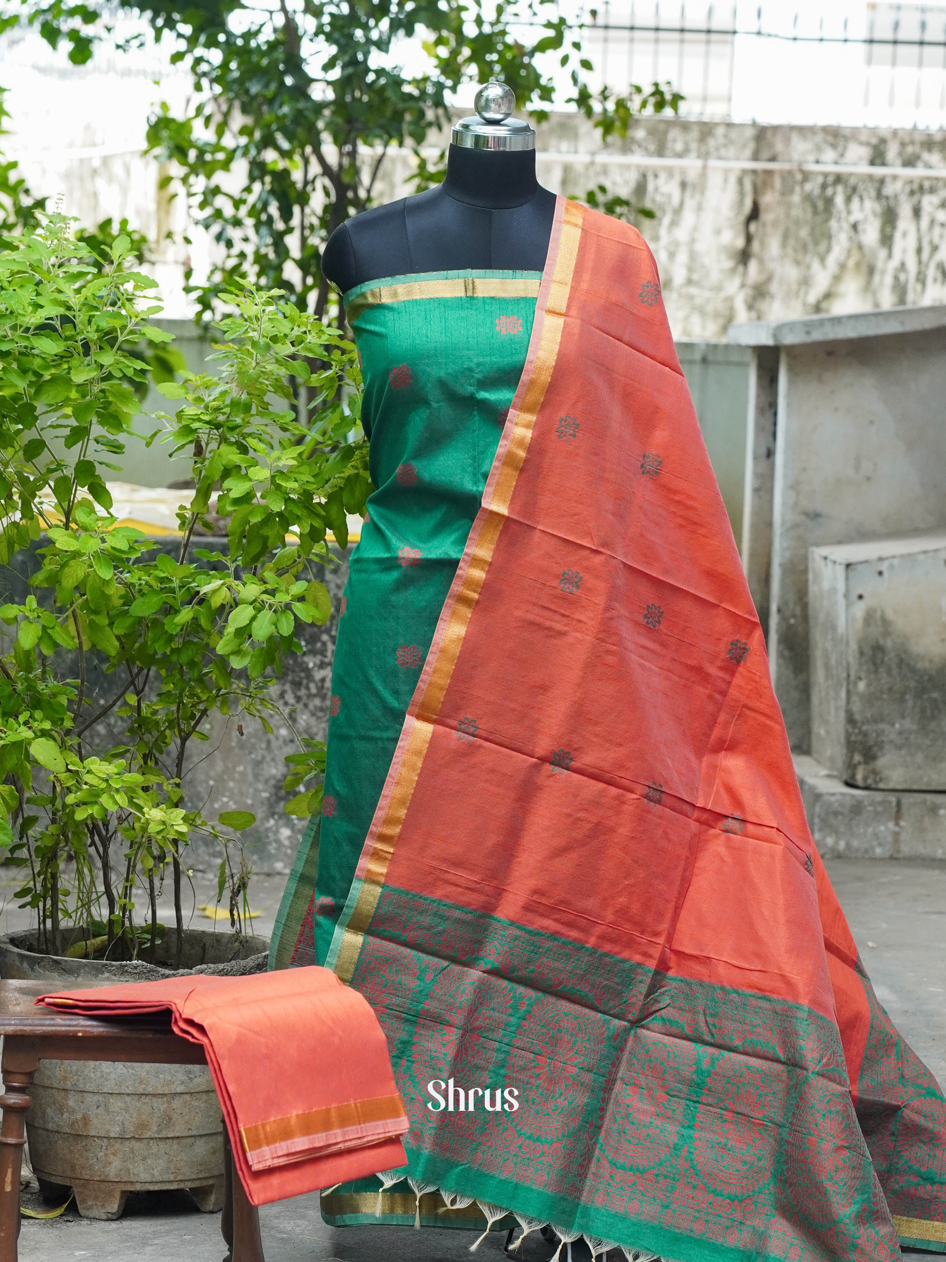 Green & Orange - Semi rawsilk salwar