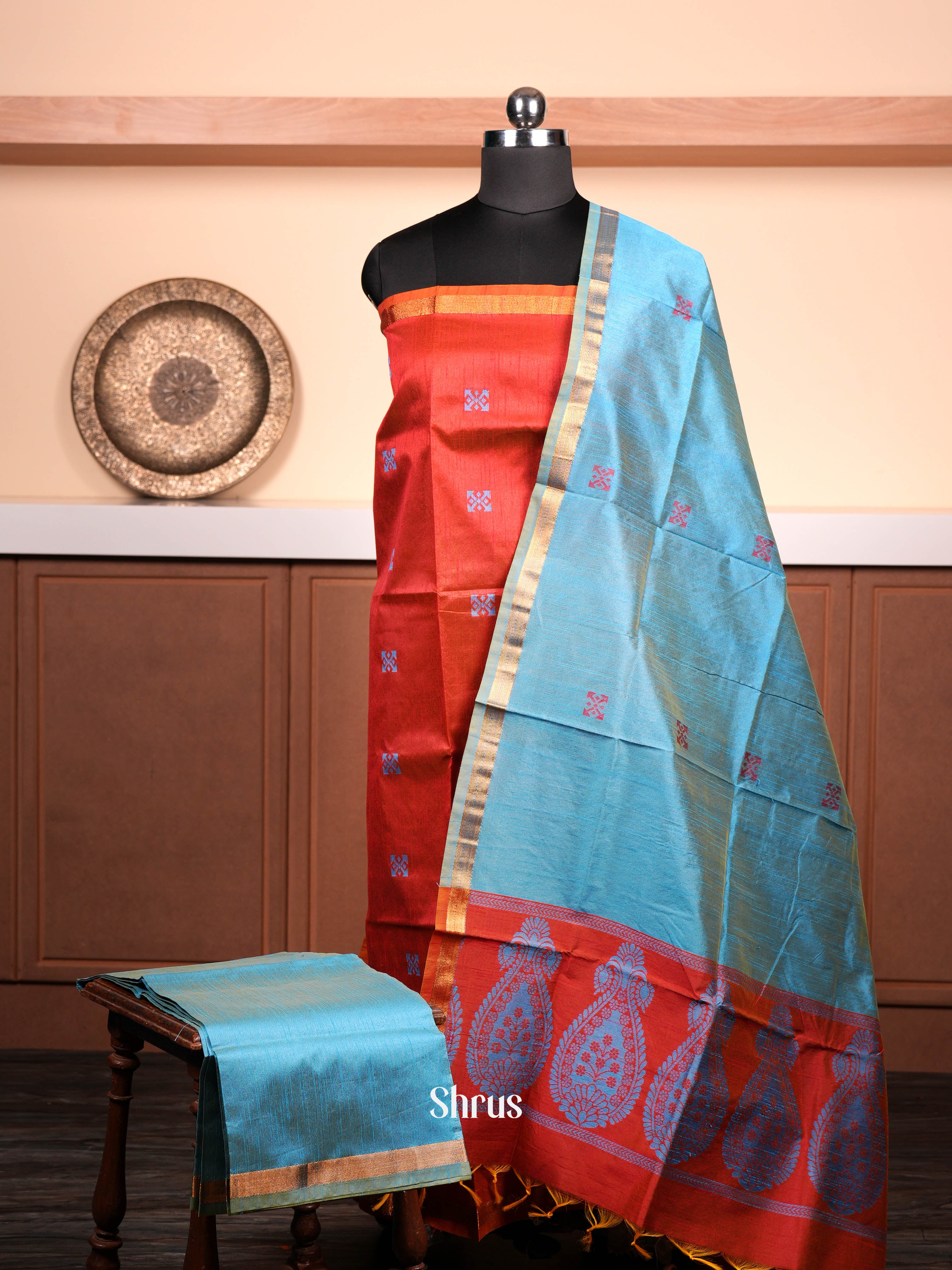 Blue & Maroon  - Semi rawsilk salwar