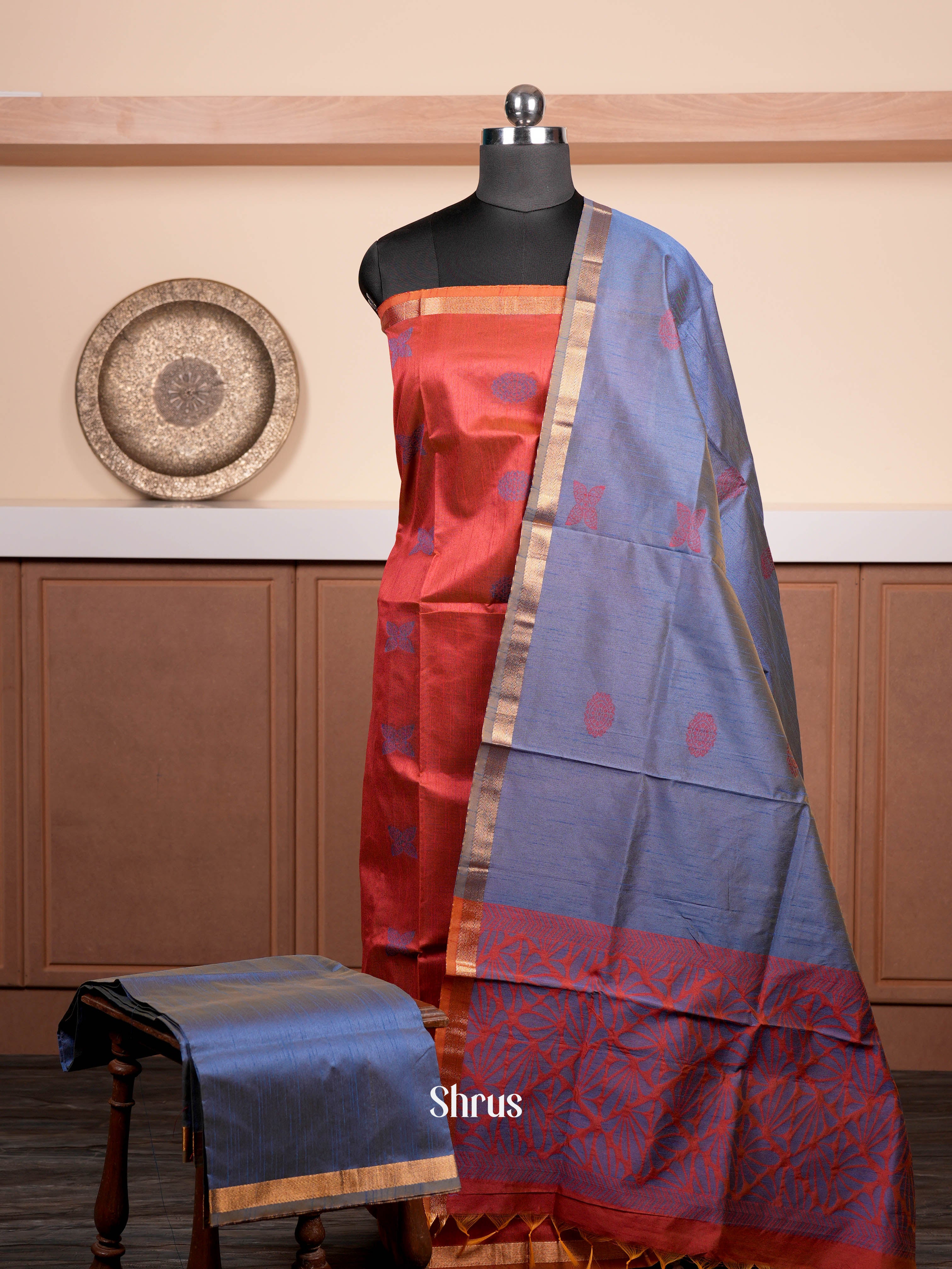 Double Shaded Maroon & Blue  - Semi rawsilk salwar