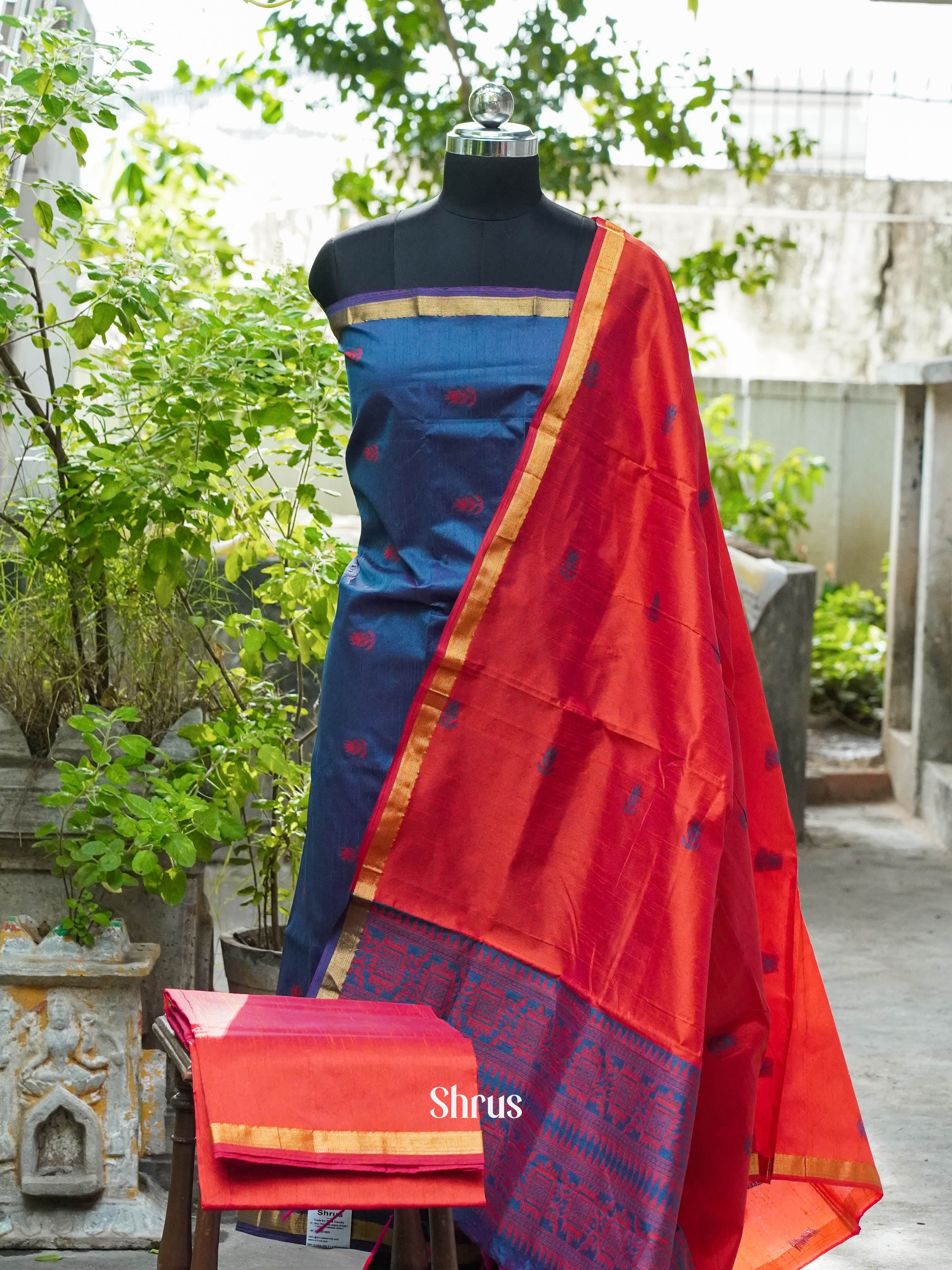 Double Shaded Space Blue and Rose Red - Semi rawsilk salwar