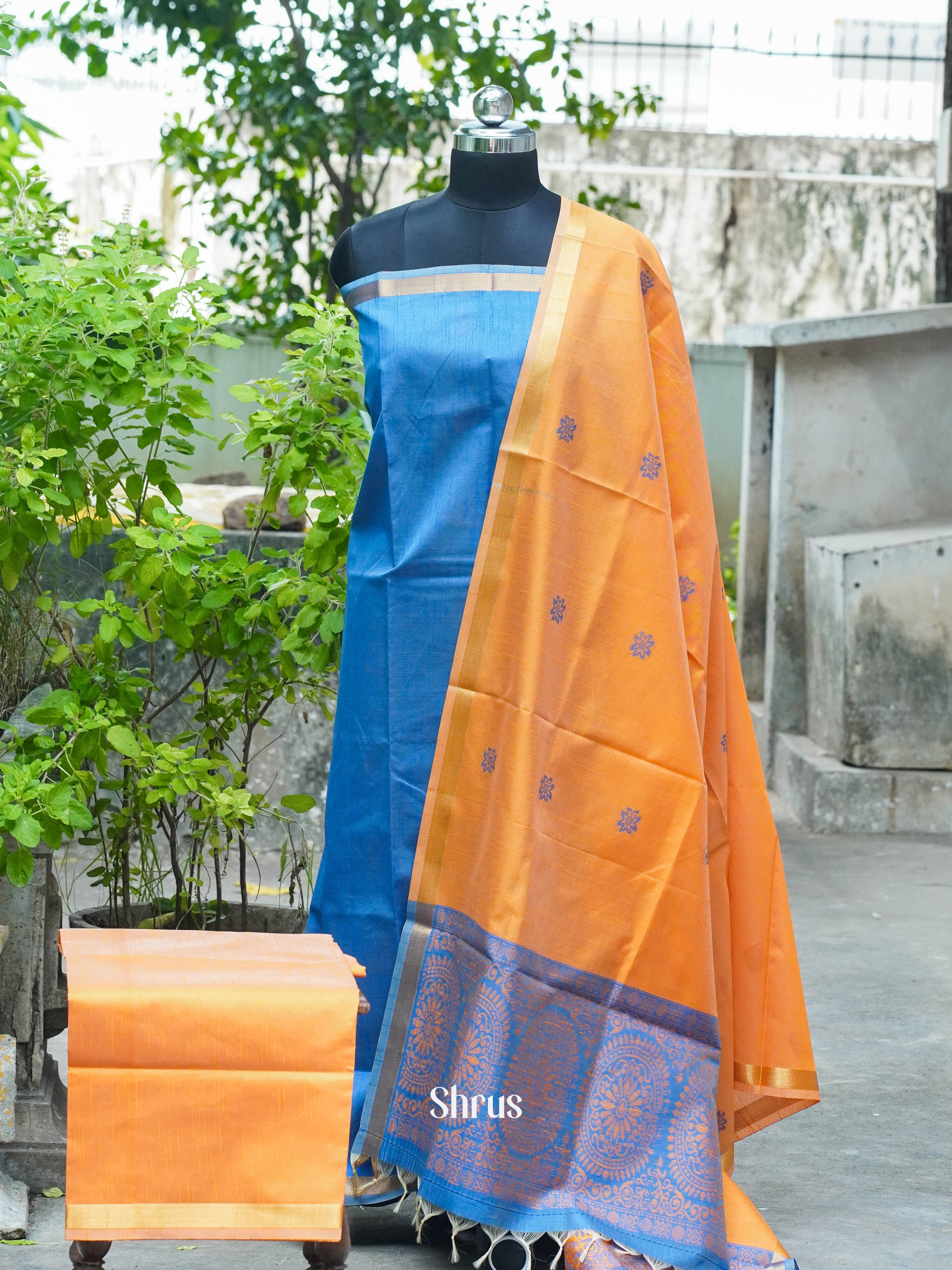 Blue & Yellowish Orange  - Semi rawsilk salwar