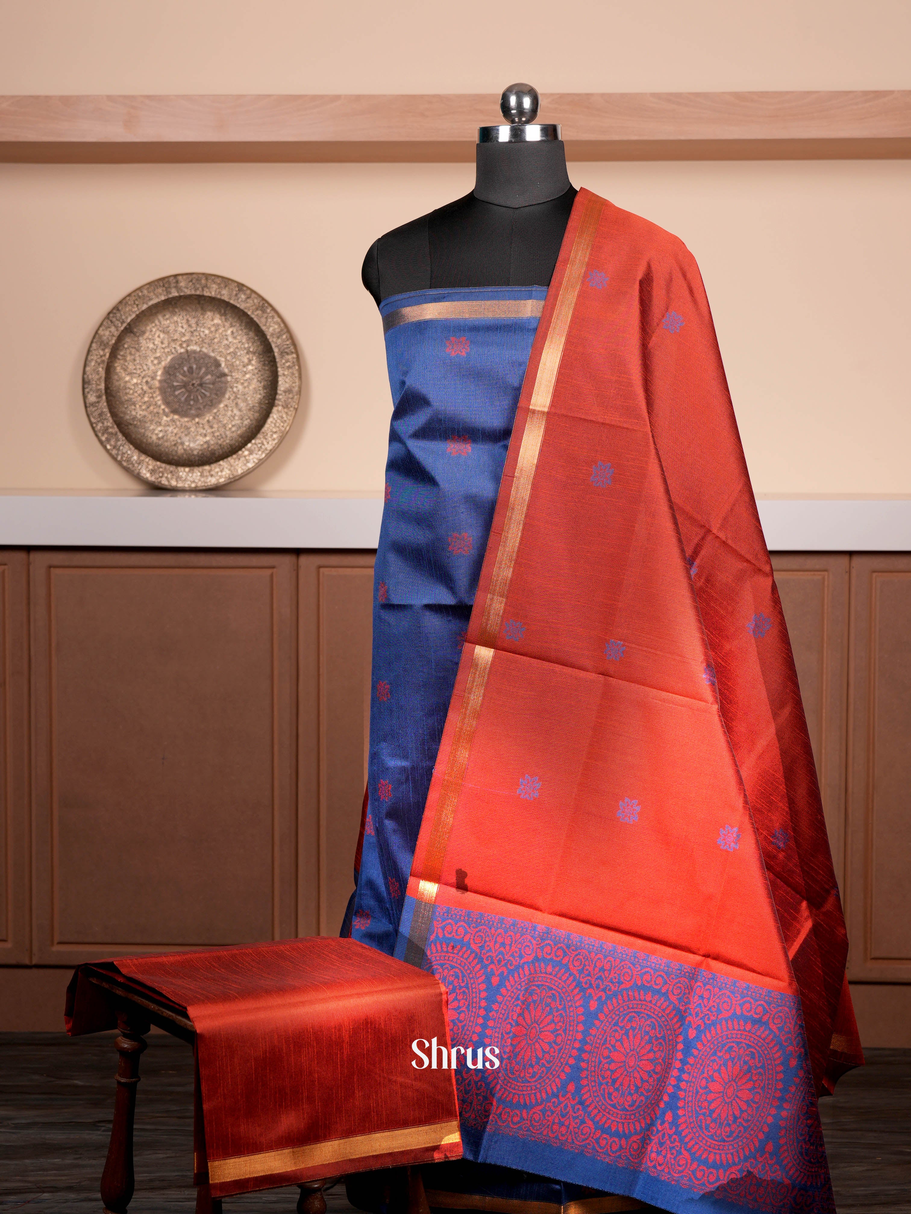 Blue & Maroon   - Semi rawsilk salwar