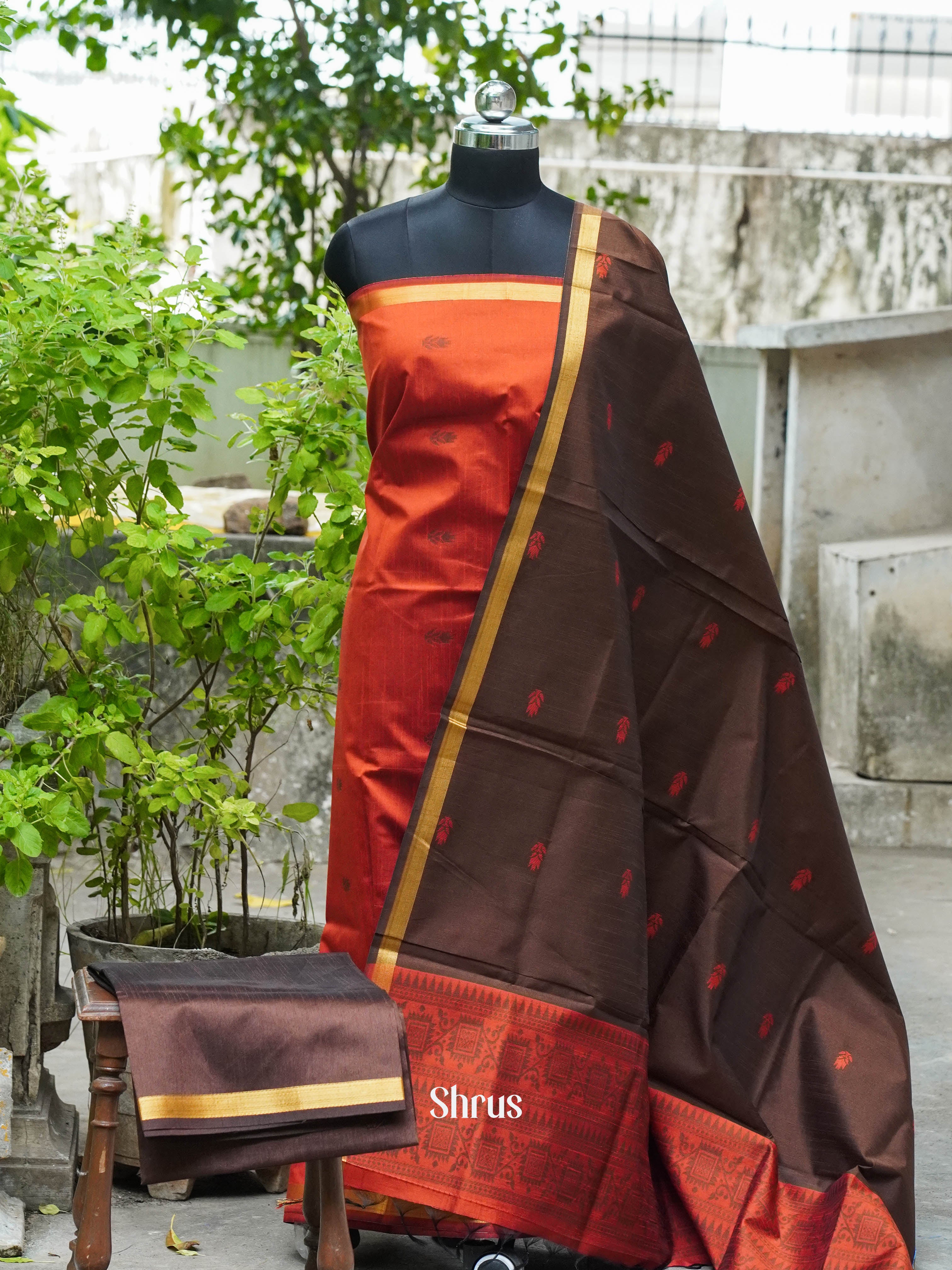 Maroon & Dark Brown - Semi rawsilk salwar