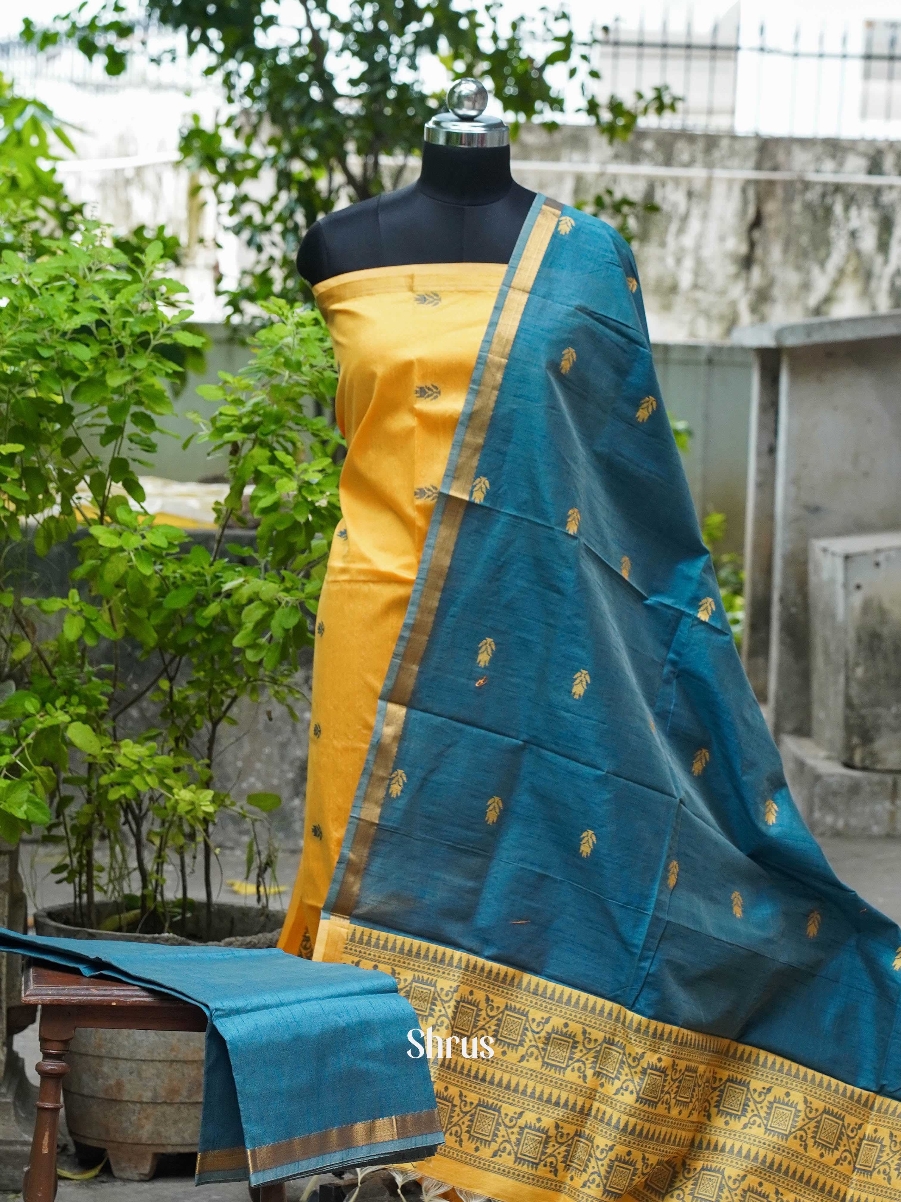 Golden Yellow & Blue - Semi rawsilk salwar