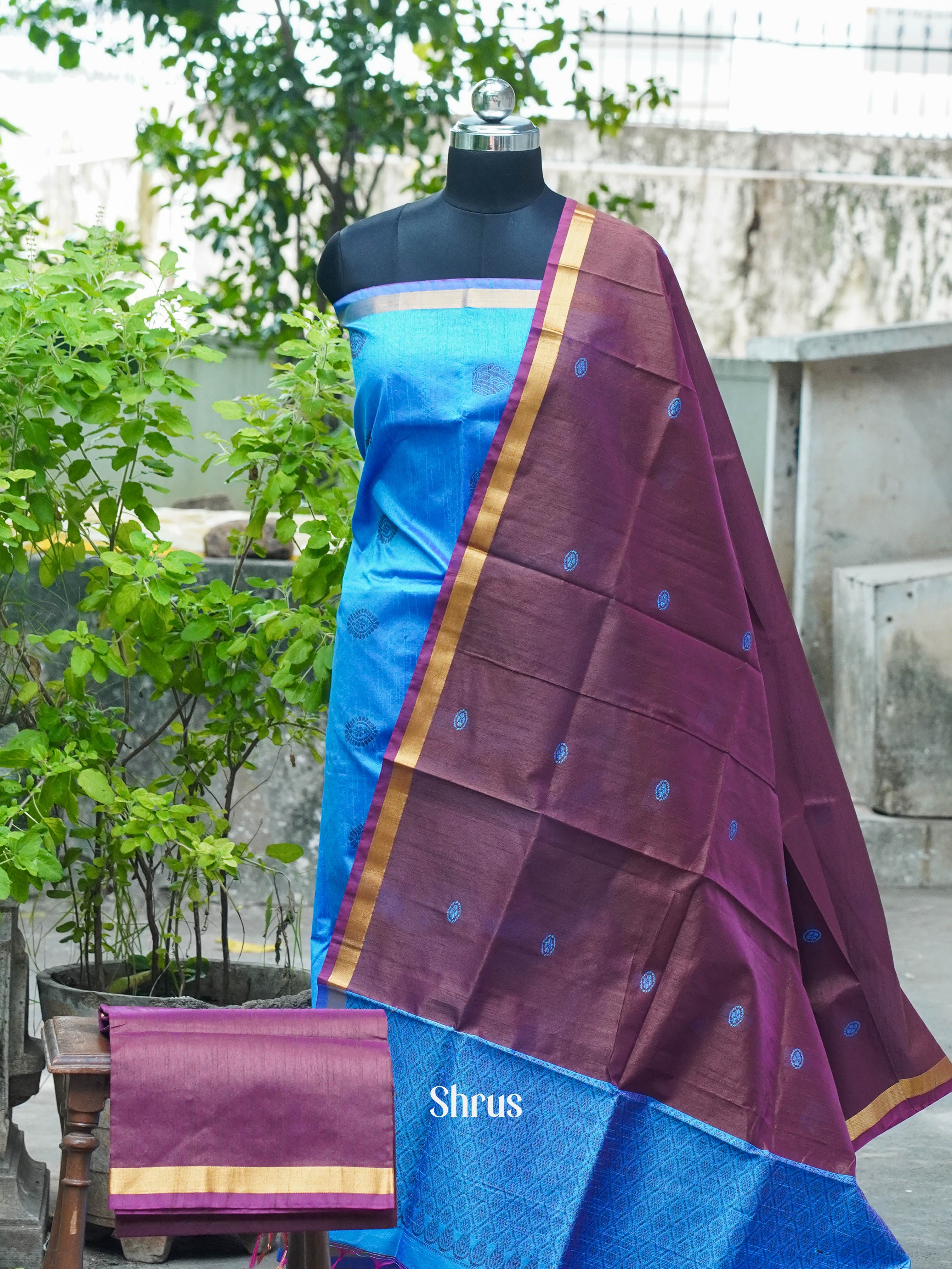 Blue & Brown - Semi rawsilk salwar