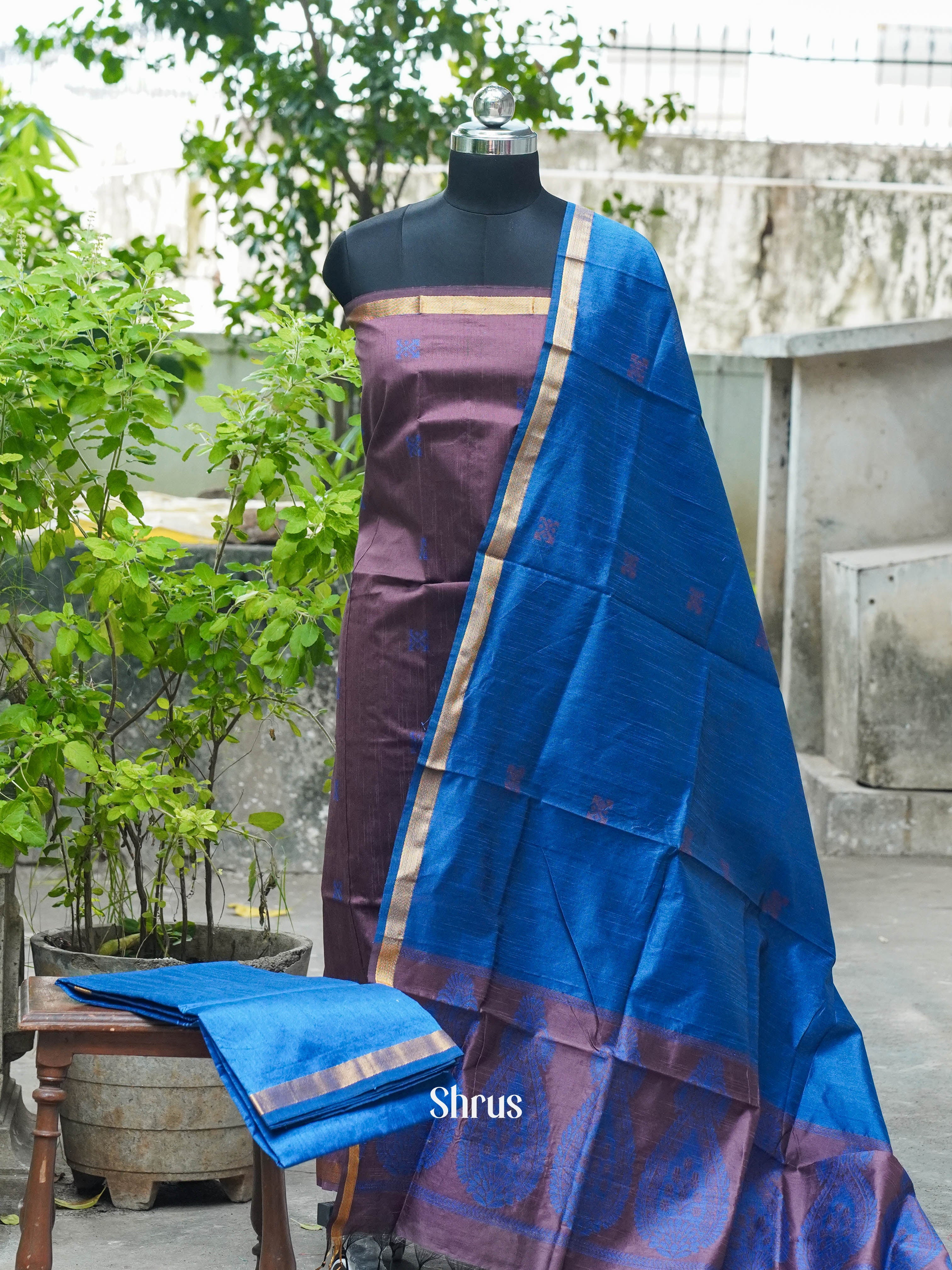 Brown & Blue - Semi rawsilk salwar