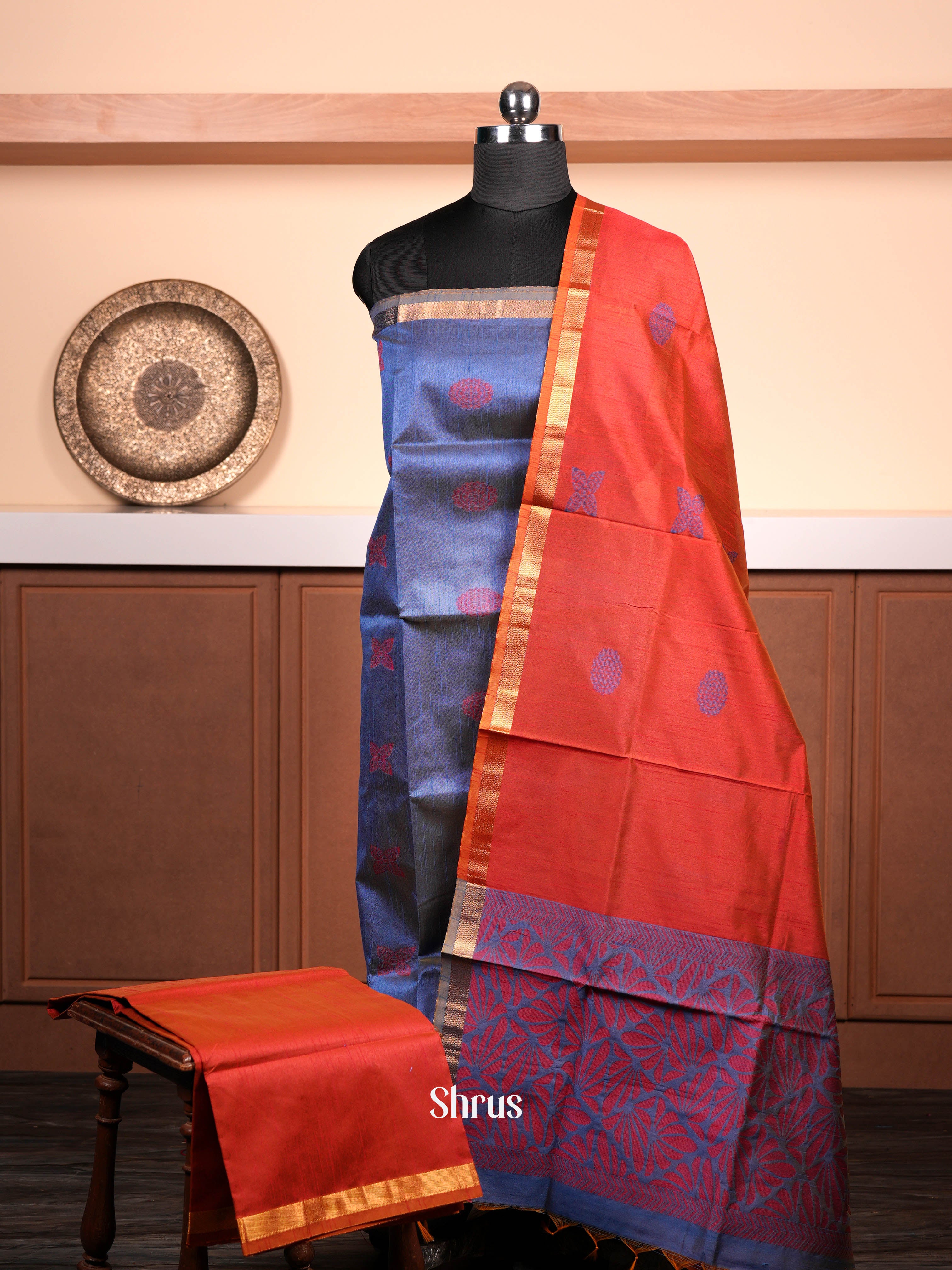 Blue & Maroon  - Semi rawsilk salwar