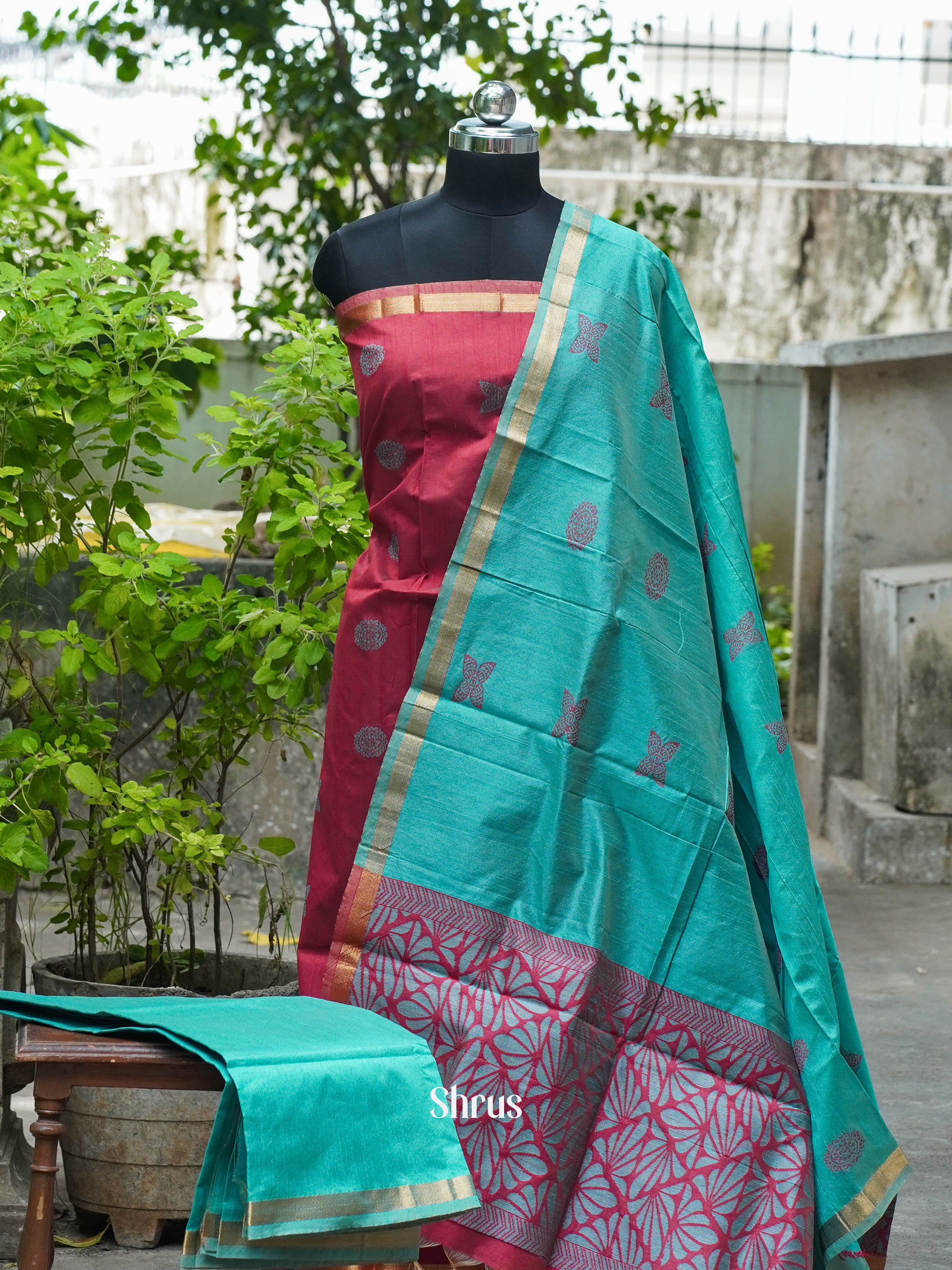 Light Maroon & Bluish Green - Semi rawsilk salwar