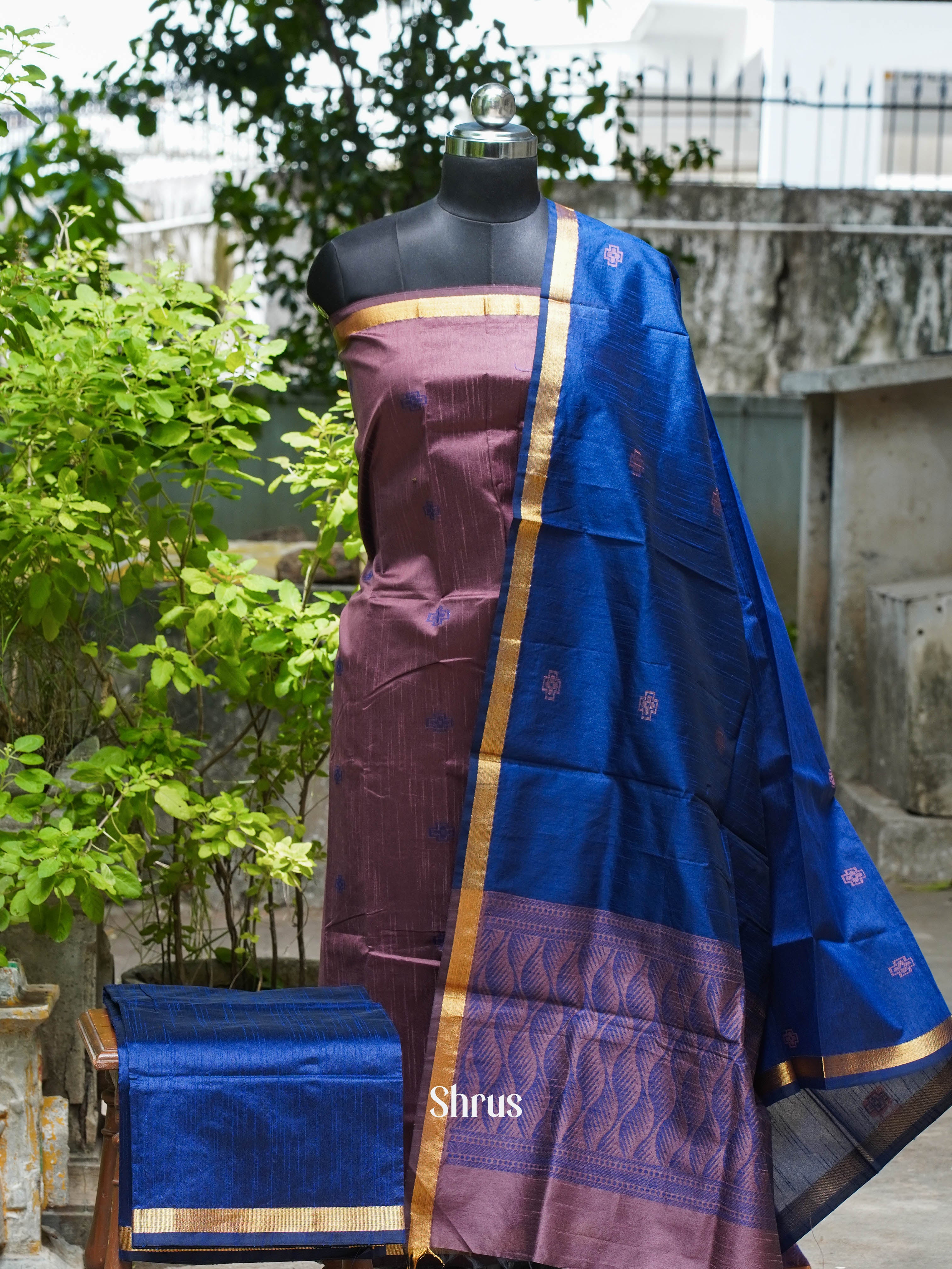 Brown & Blue - Semi rawsilk salwar