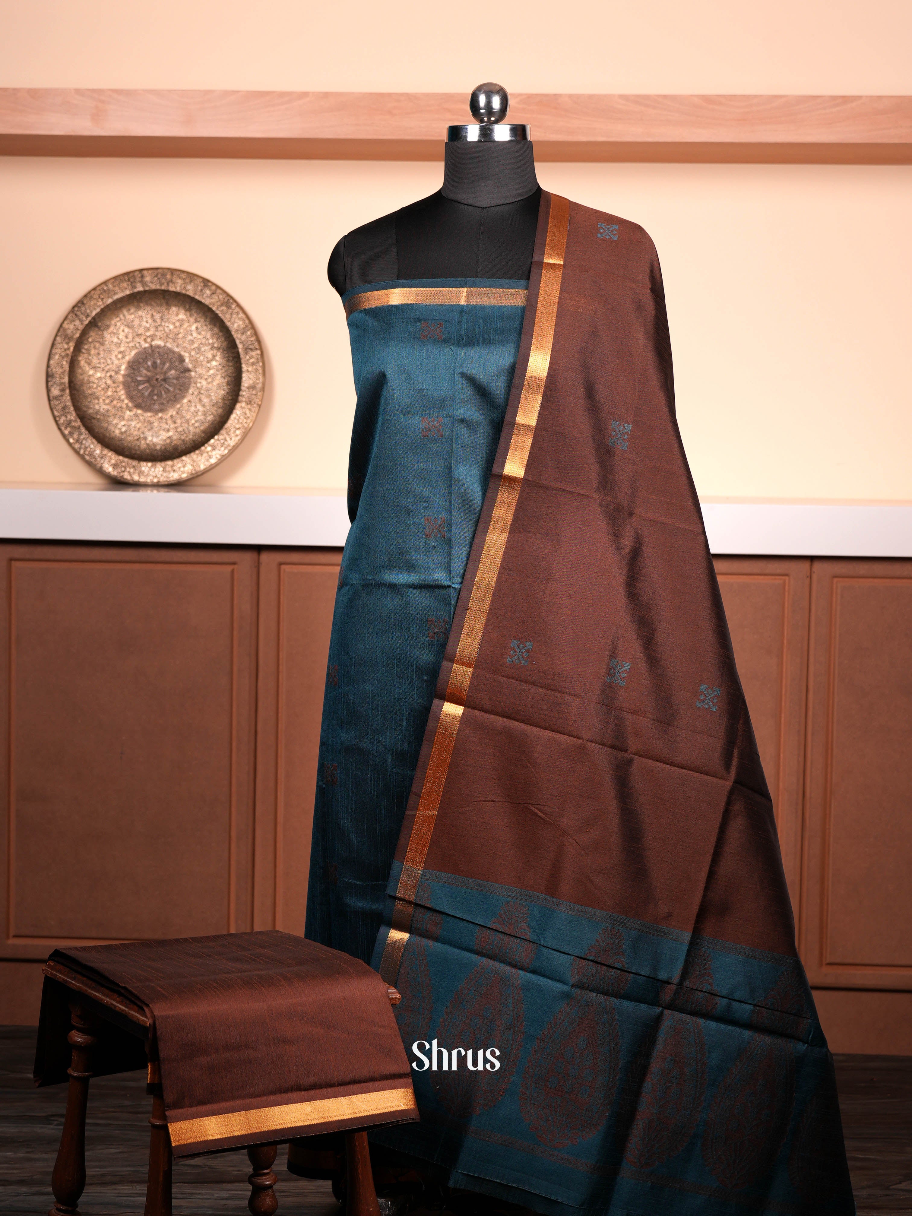 Blue & Brown  - Semi rawsilk salwar