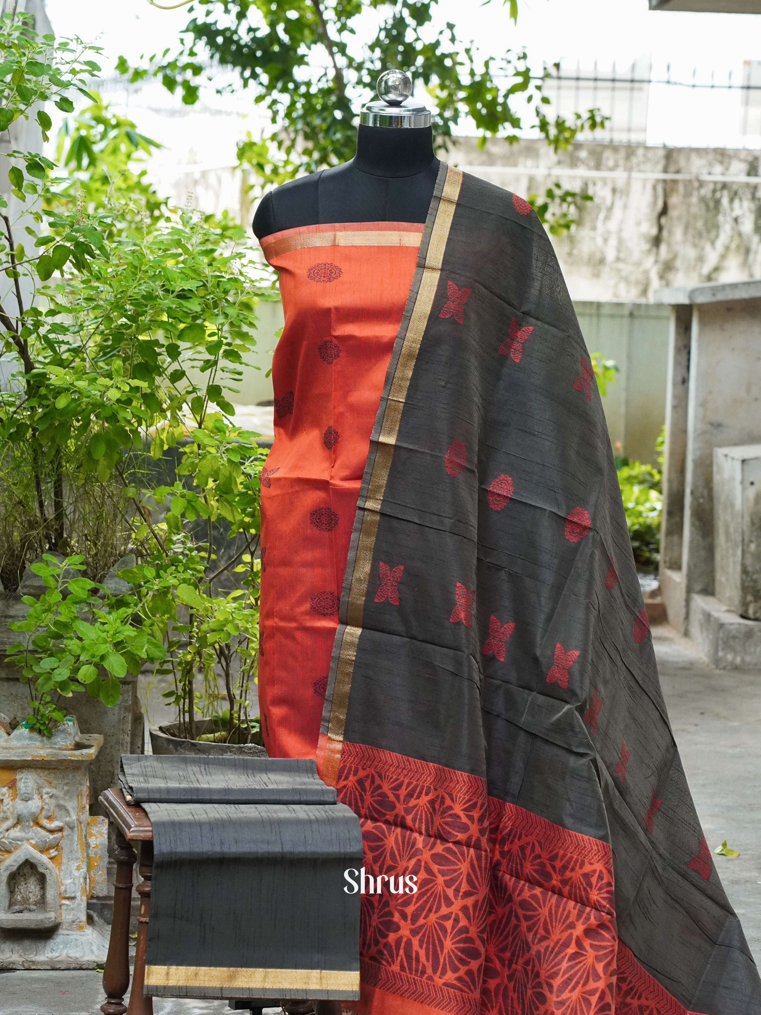 Red Orange & Grey - Semi rawsilk salwar