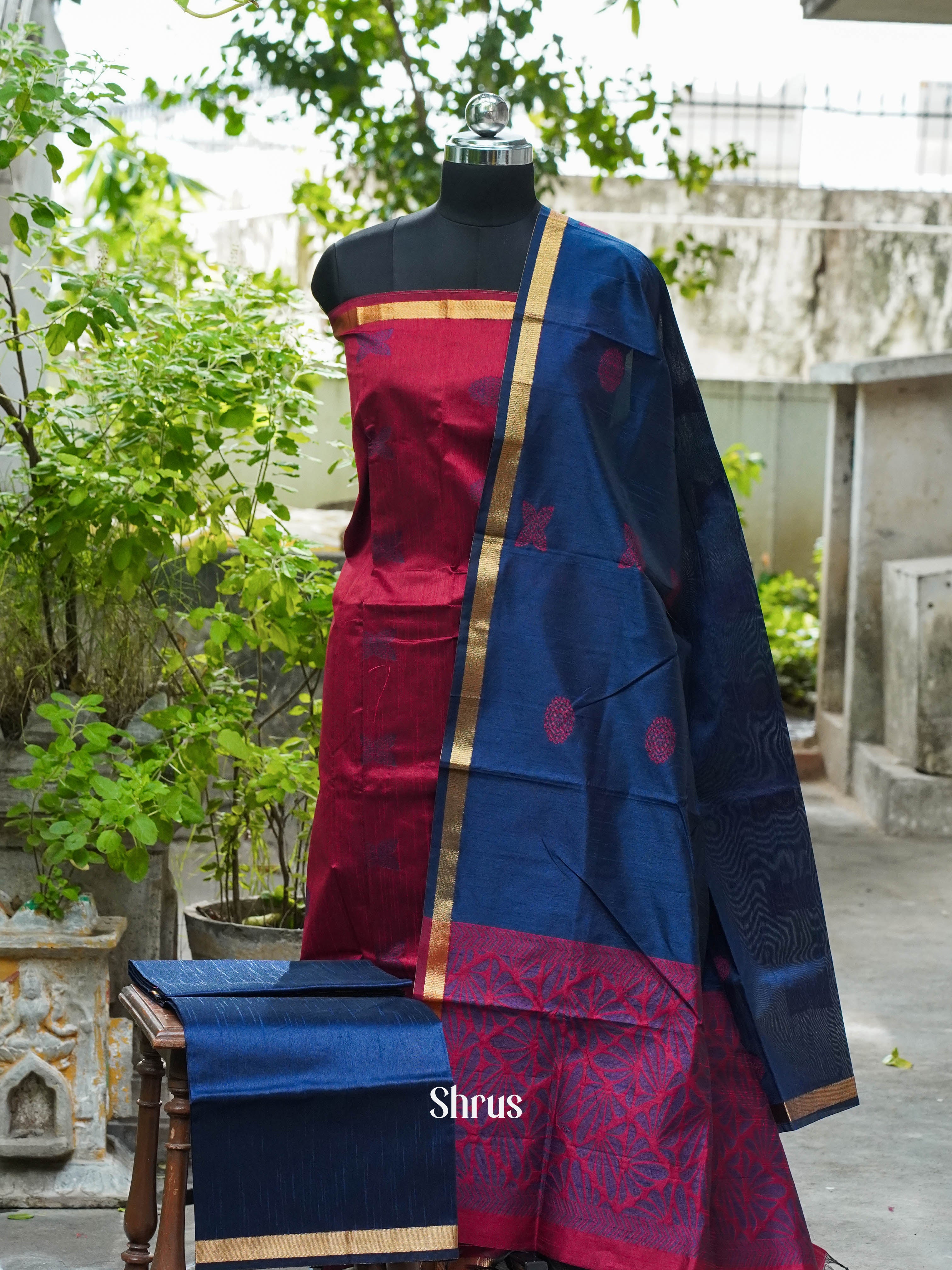 Red and Navy Blue - Semi rawsilk salwar