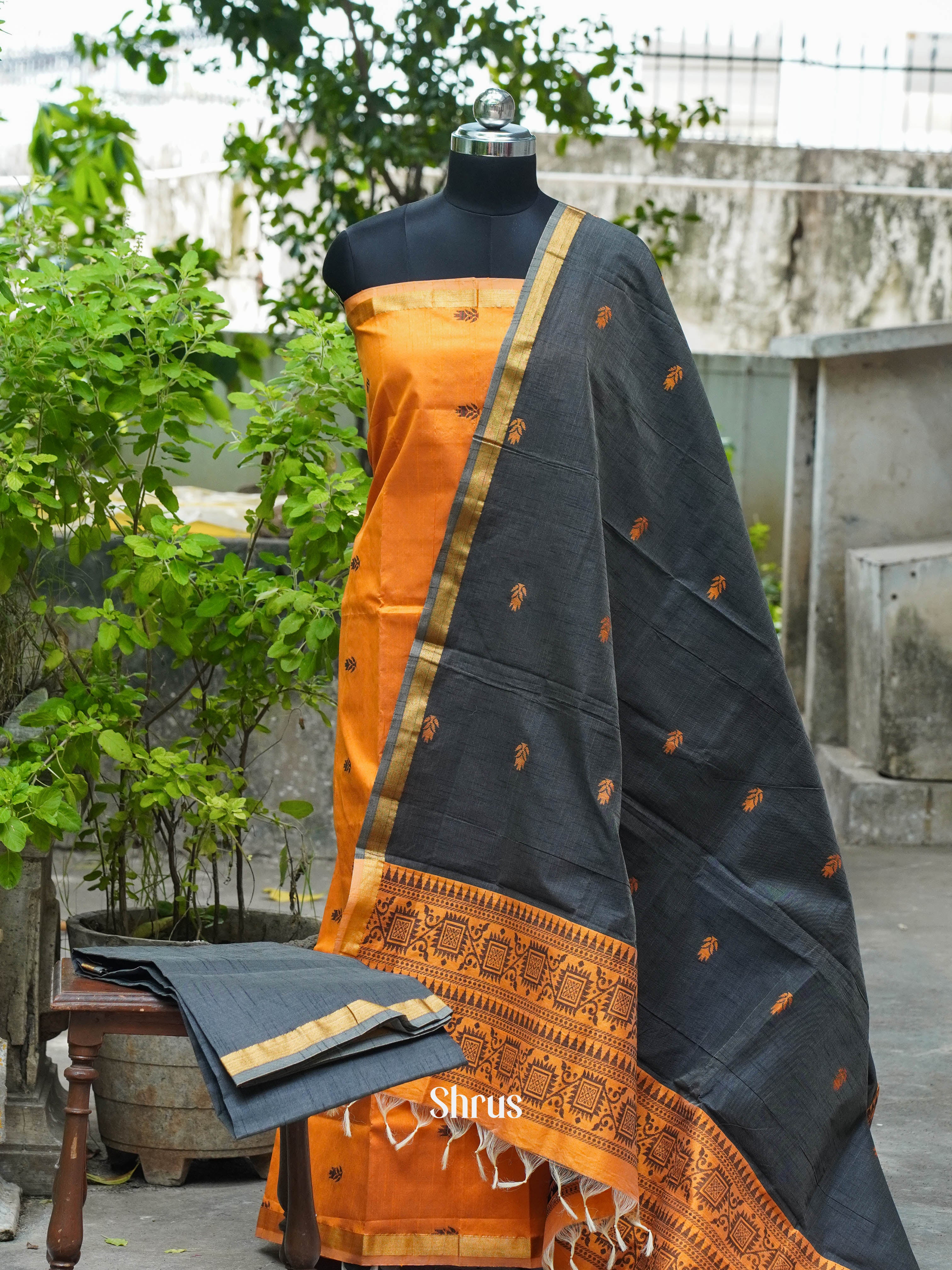 Golden Orange & Grey  - Semi rawsilk salwar