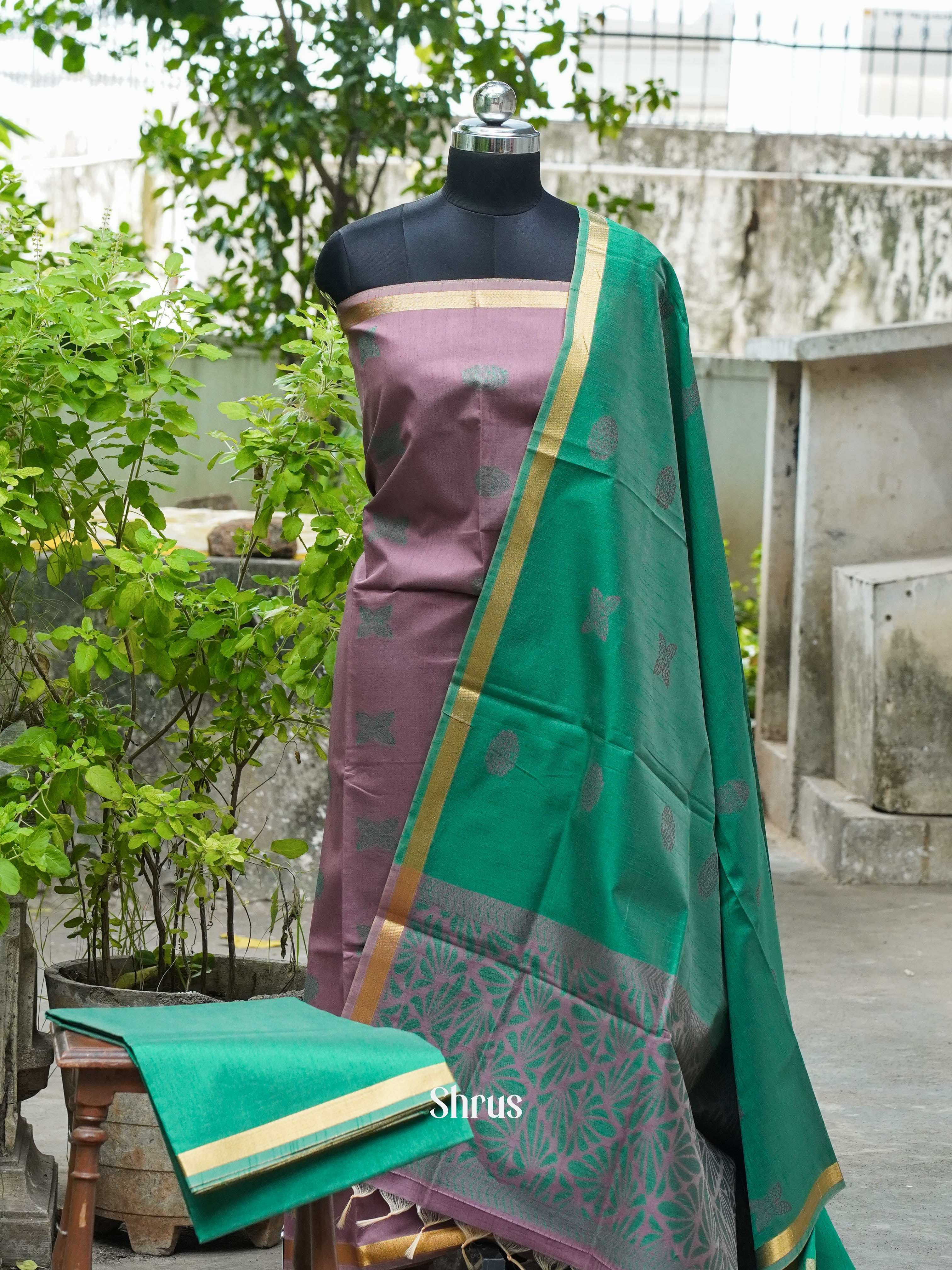 Light Brown & Green  - Semi rawsilk salwar