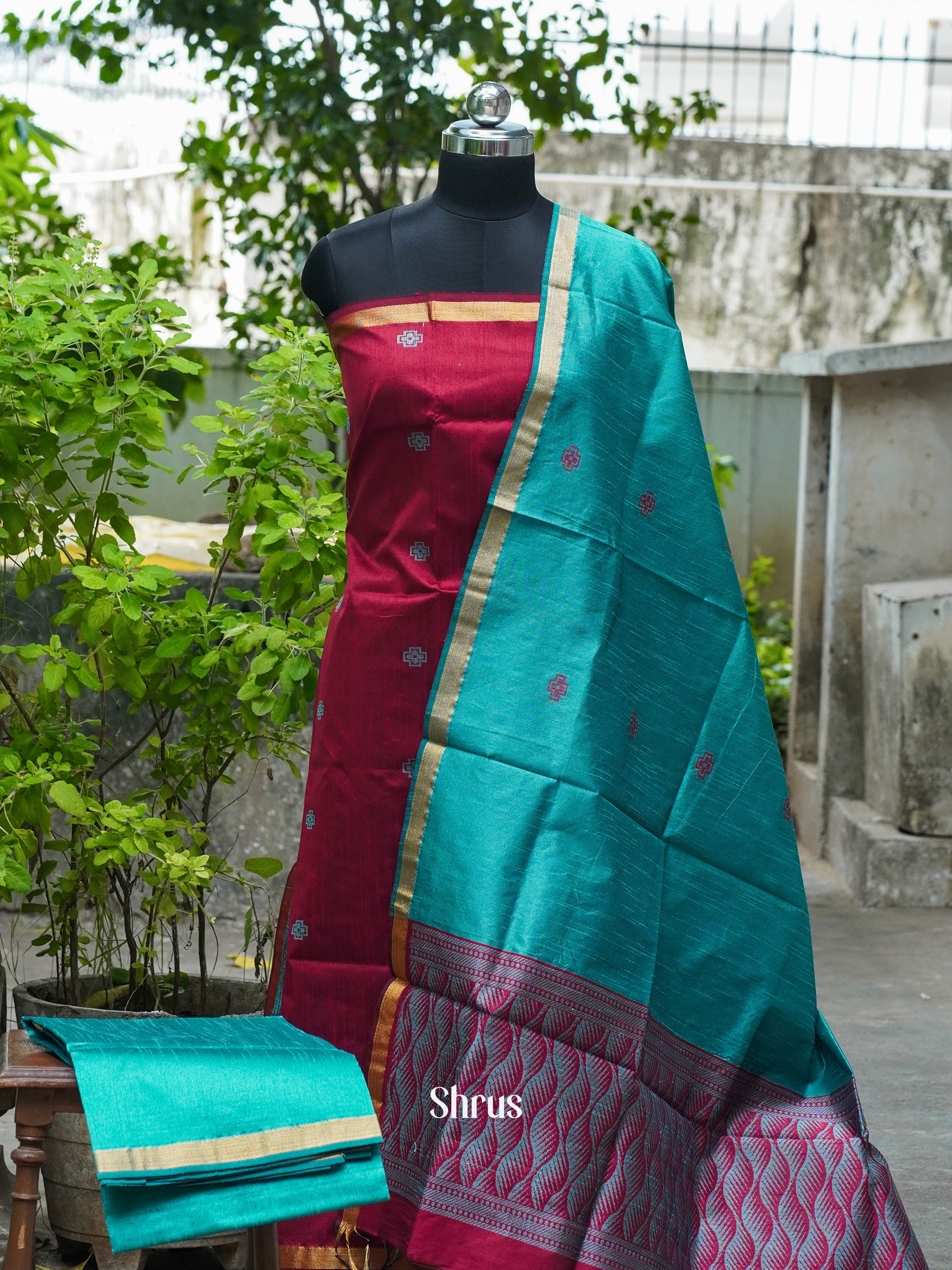 Maroon & Blue- Semi rawsilk salwar