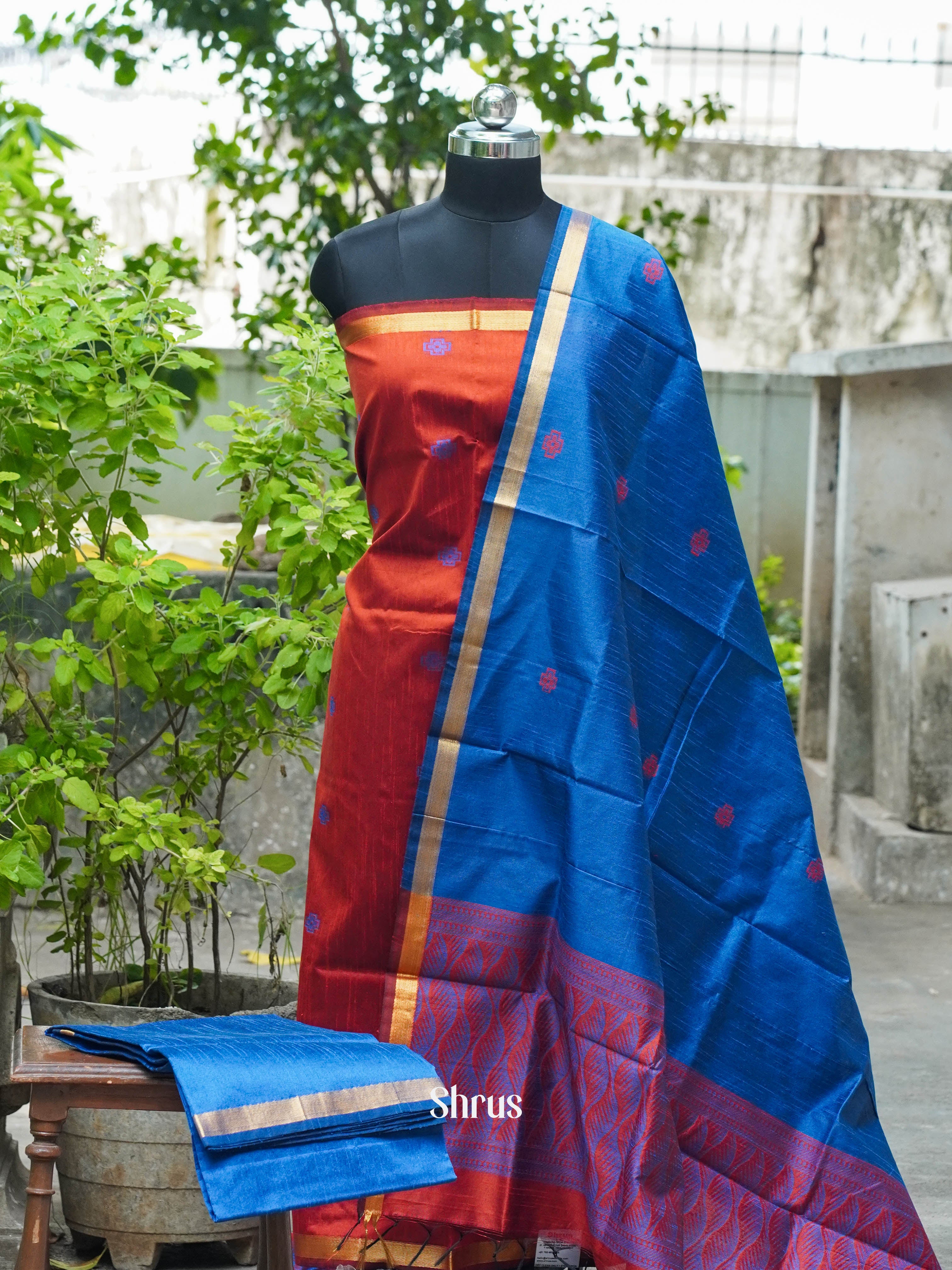 Maroon & Blue - Semi rawsilk salwar