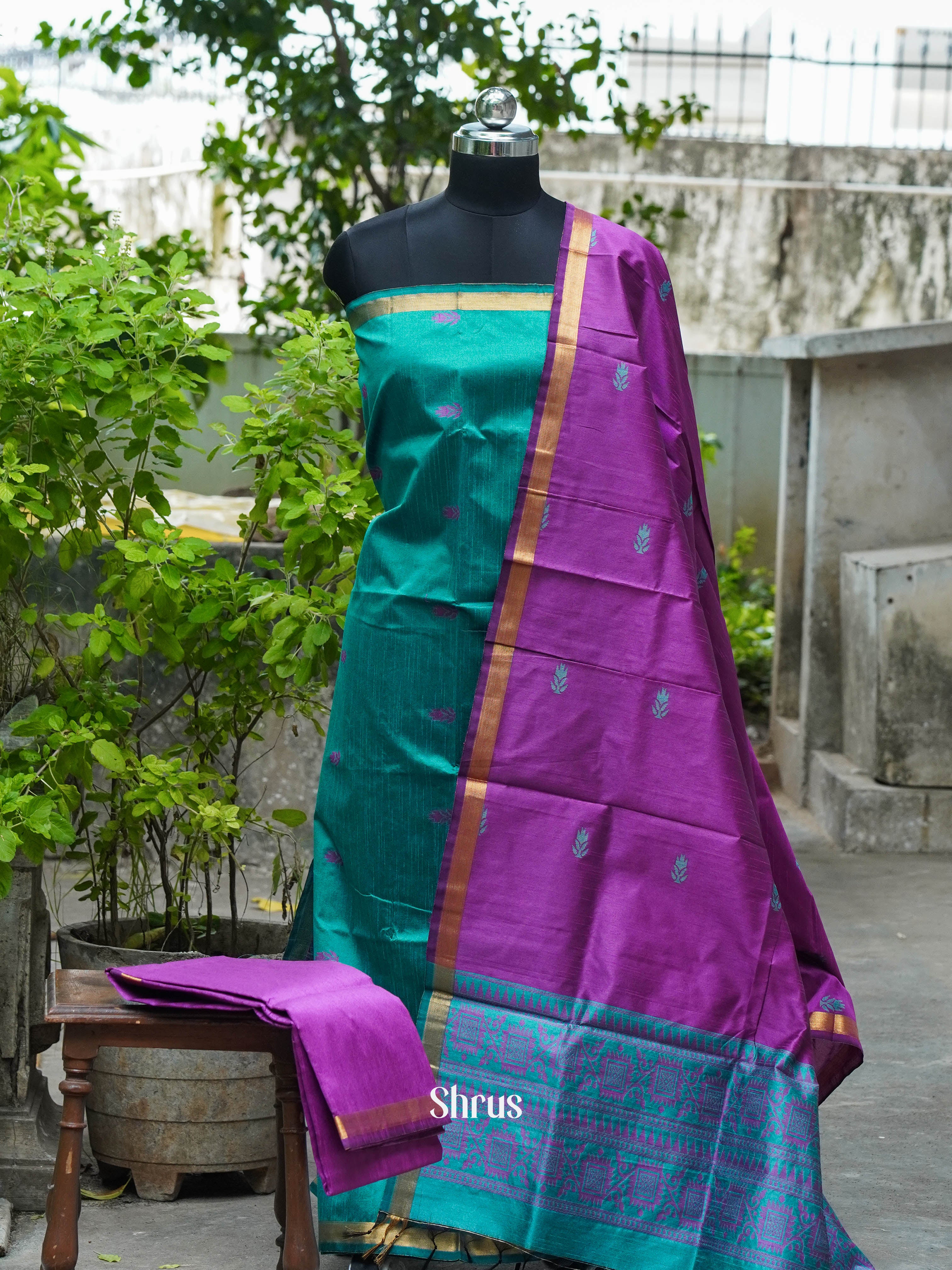 Greenish Blue & Violet - Semi rawsilk salwar