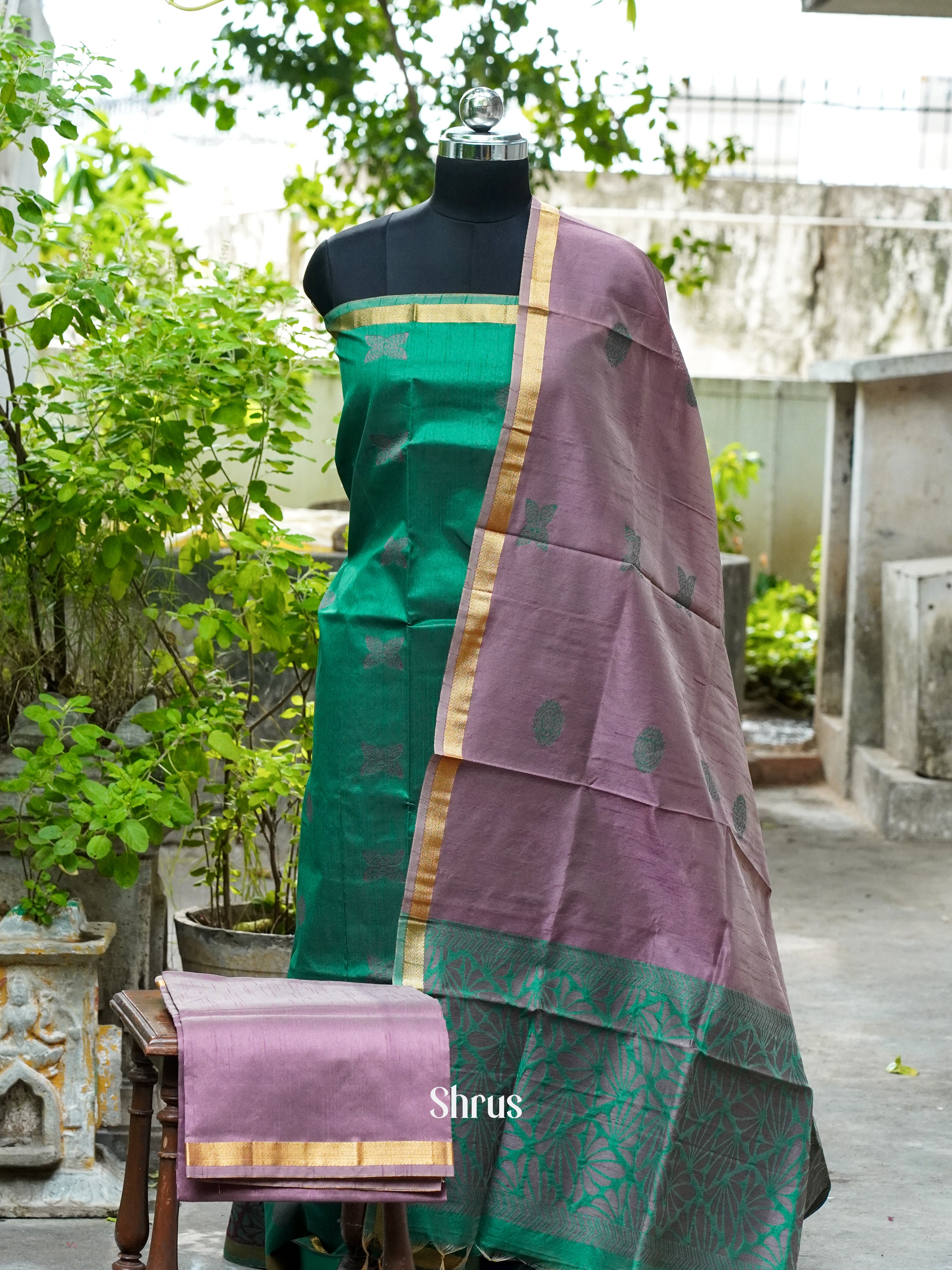 Green & Raspberry Glace Pink - Semi rawsilk salwar